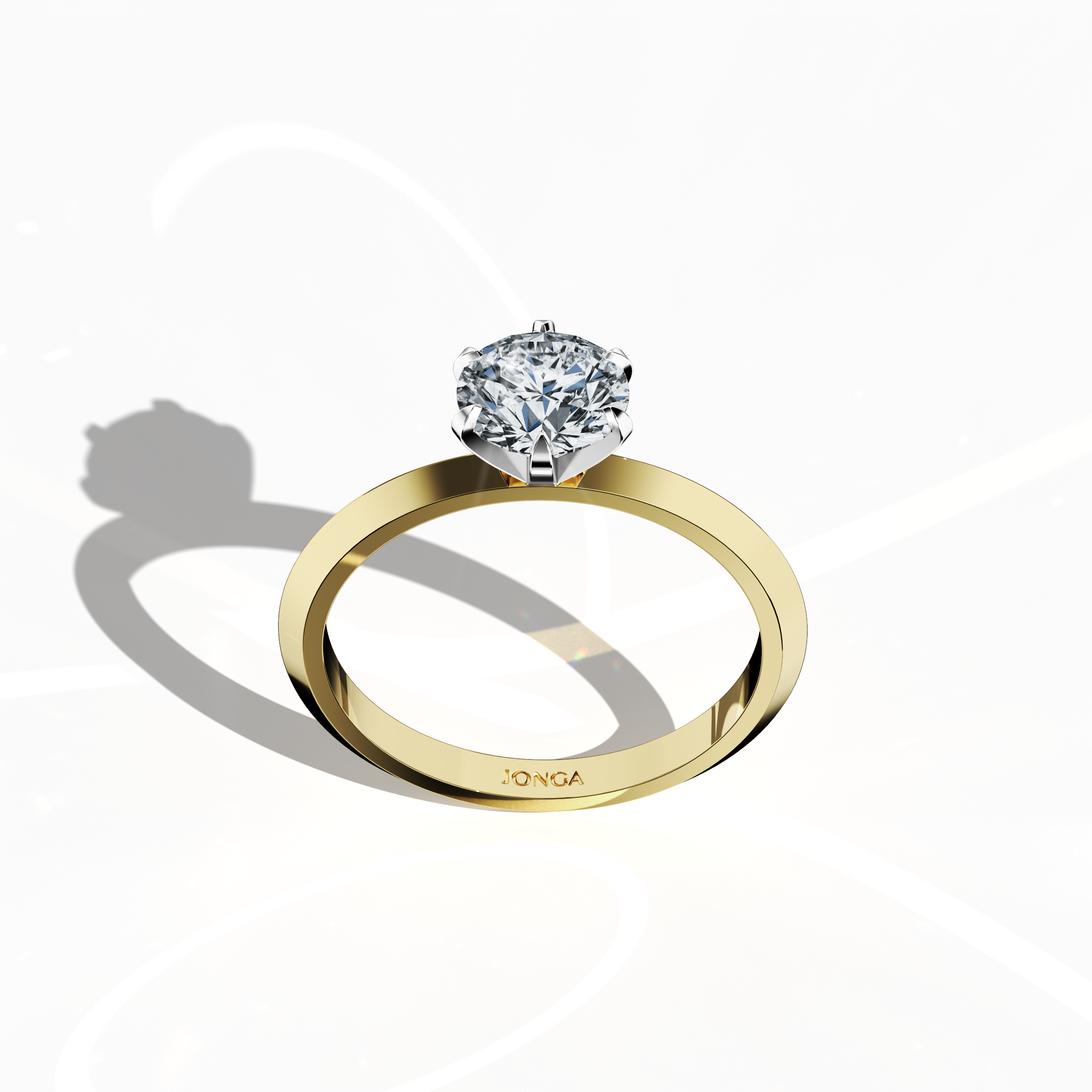 Refined solitaire ring with a 1 carat diamond in a six-baby claw prong setting and a dual-tier band with a sharp midline, showcased from a front top angle in a rich жёлтое золото band (classic gold). This striking fine Украшения/fine Ювелирные изделия piece highlights intricate details and a warm, luminous finish.