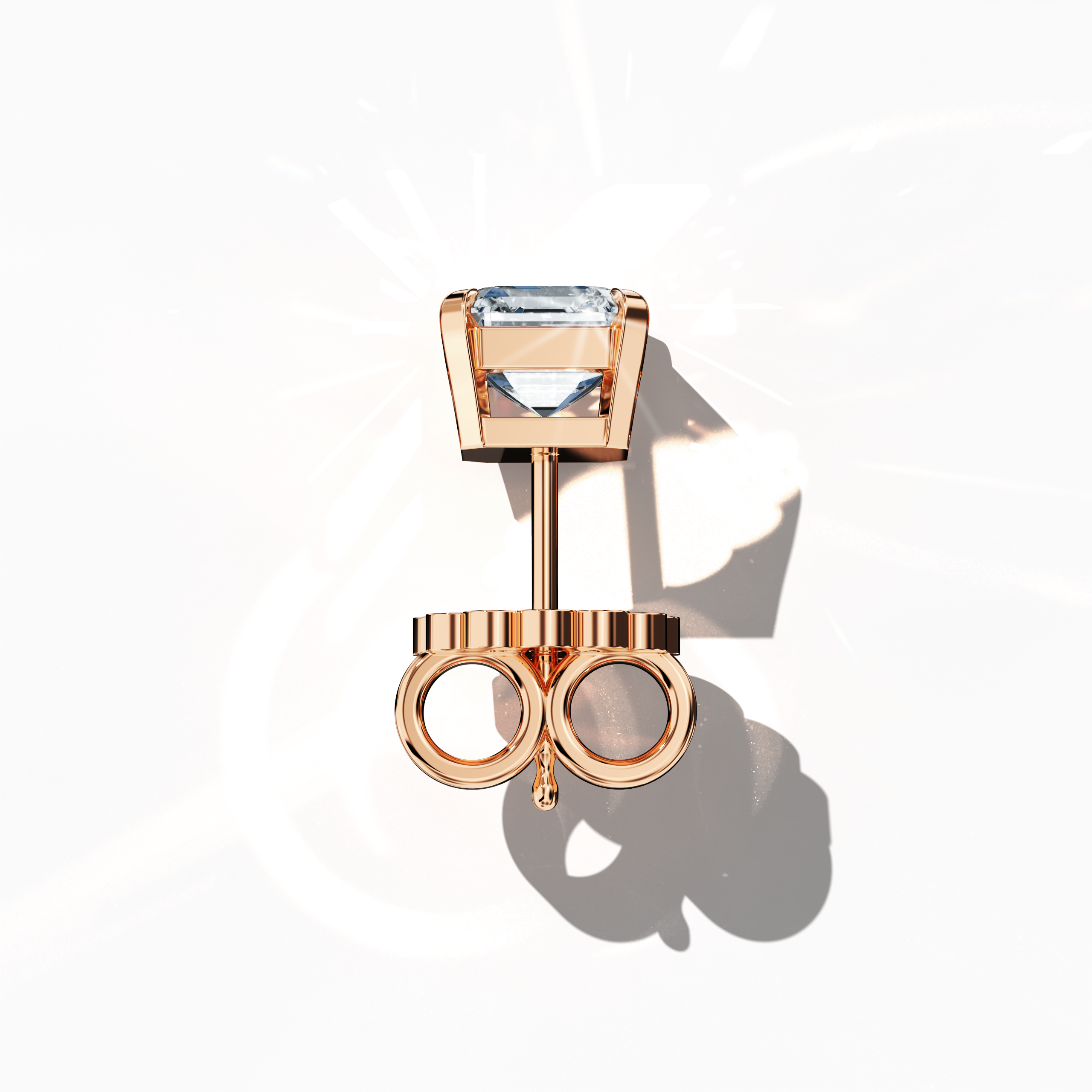 Top view of 1-carat natural diamond earring in 18k розовое золото with nail prong setting; features an Asscher cut diamond (also referred to as square emerald cut or step cut diamond in certain markets) – luxury fine Украшения/fine Ювелирные изделия ear accessory.