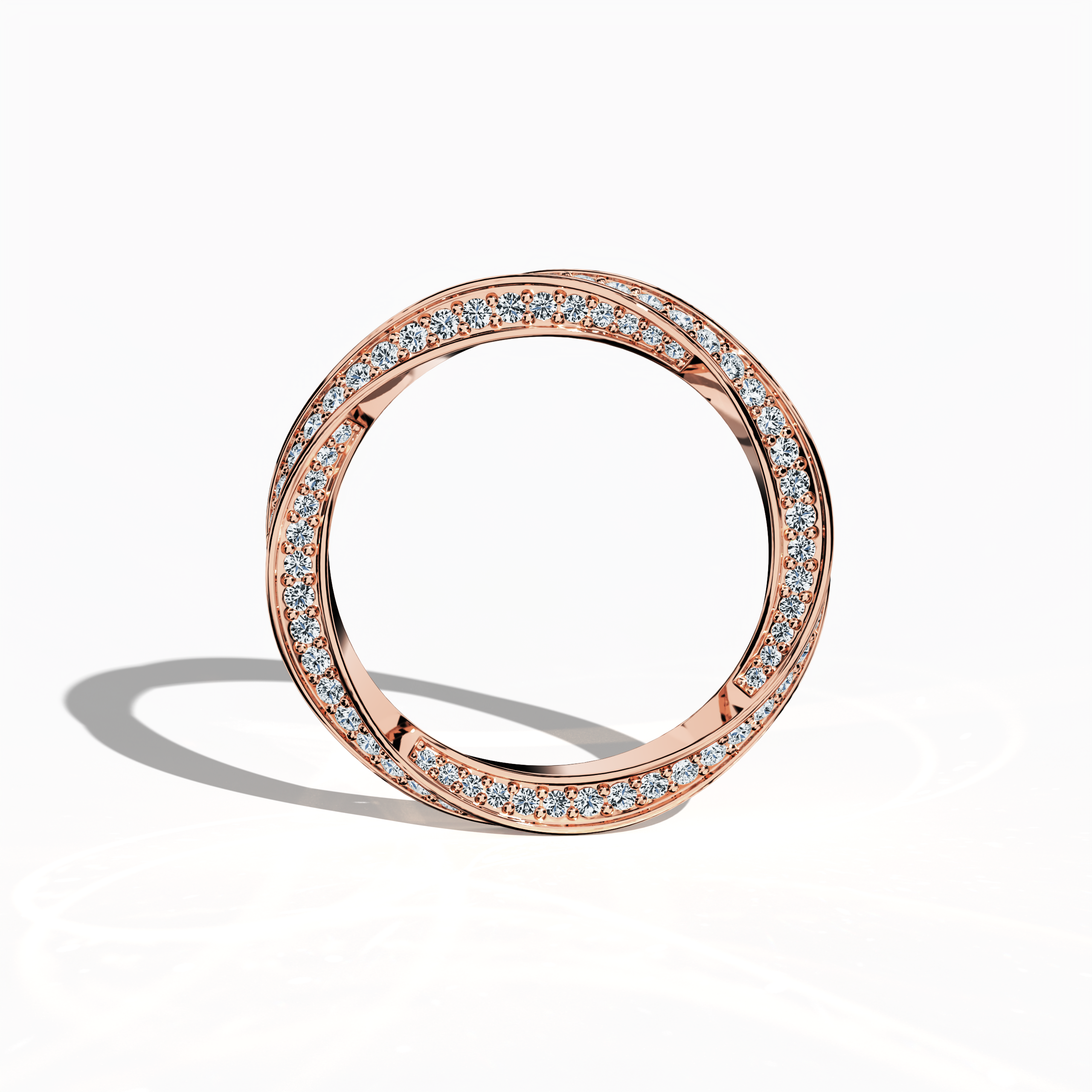 In this standing front view, the rose gold twisted diamond band is revealed in all its elegant glory, with a refined spiral design accented by a brilliant 1.05 carat diamond. The band, also called a helix, twisted, or interwoven band, glows with a warm, inviting rosy tone—alternatively known as pink gold. This meticulously crafted piece epitomizes modern luxury and timeless sophistication, combining classic charm with a contemporary aesthetic. Keywords: twisted, elegant, diamond, luxury, modern, rose gold.