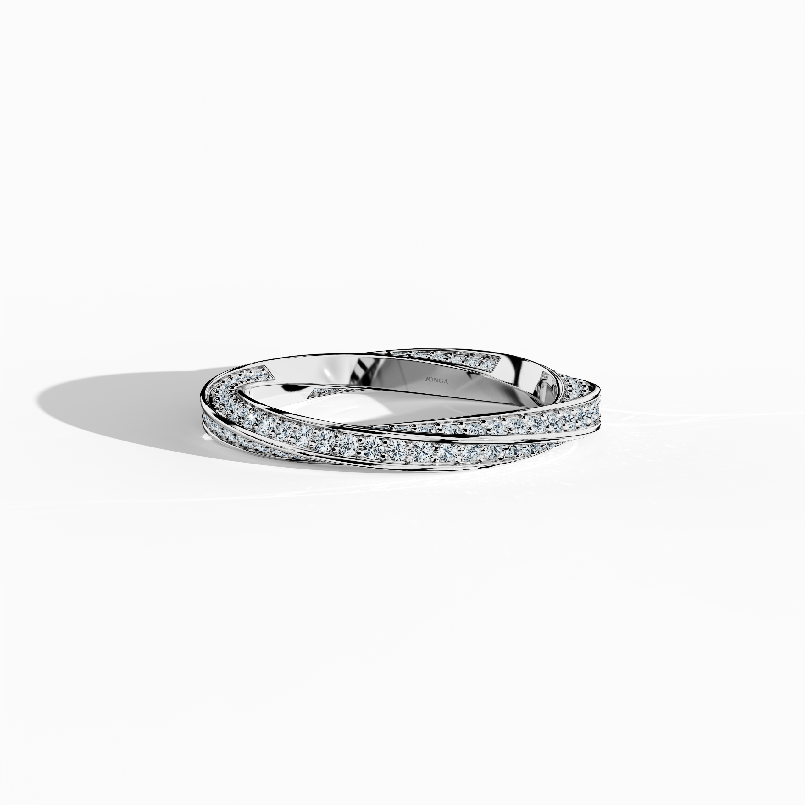Captured from a standing front top side view, this белое золото twisted diamond band reveals a dynamic interplay of curves and angles in its spiral, helix, and interwoven design. Embellished with a 1.05 carat diamond accent, the ring’s luminous белое золото finish—often called argentum or bright белое золото—enhances its sleek, modern appeal. This refined piece exemplifies luxury and expert artistry, combining timeless design with innovative detailing. Keywords: twisted, modern, luxury, elegant, diamond.