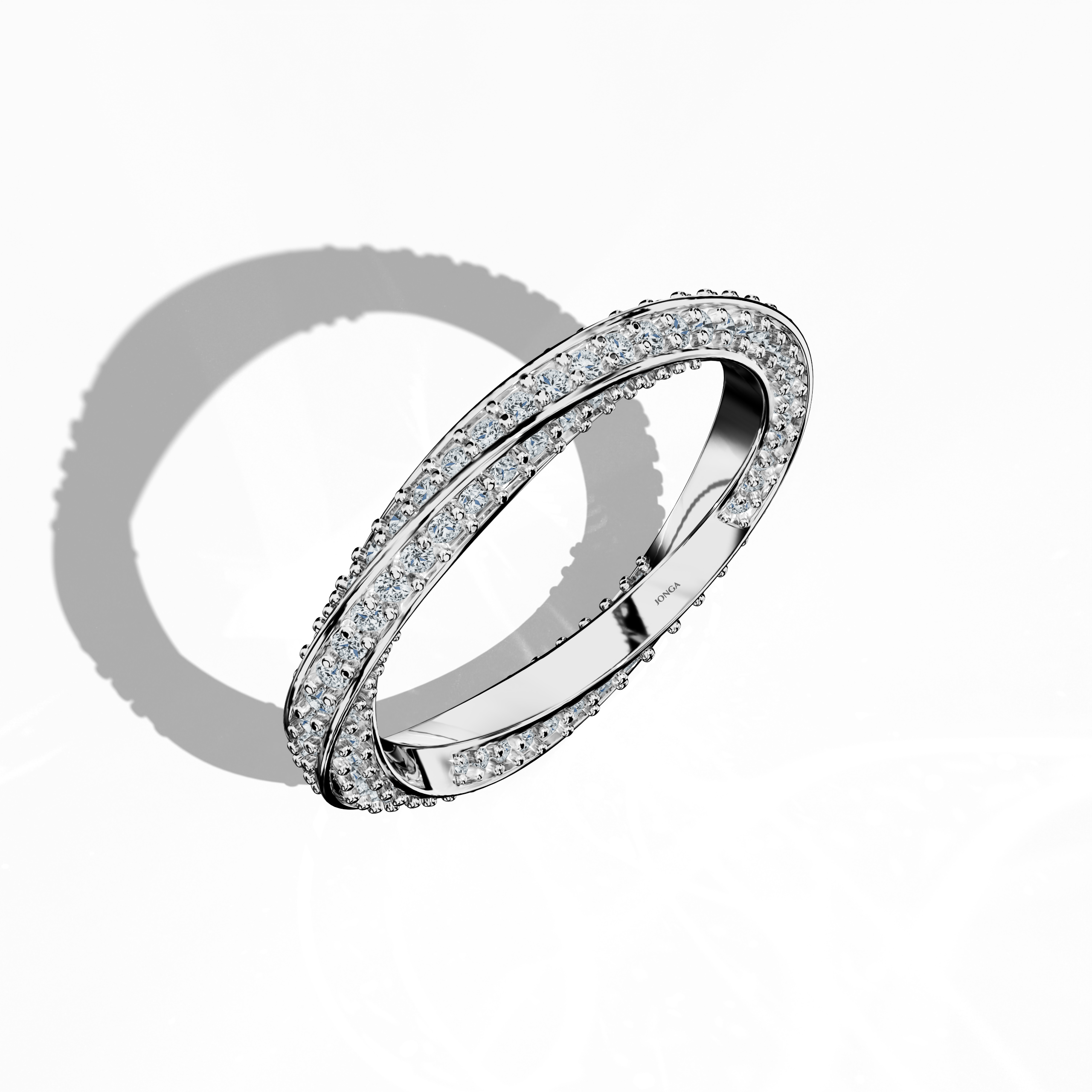 Captured from a standing front top side view, this белое золото twisted diamond band reveals a dynamic interplay of curves and angles in its spiral, helix, and interwoven design. Embellished with a 1.05 carat diamond accent, the ring’s luminous белое золото finish—often called argentum or bright белое золото—enhances its sleek, modern appeal. This refined piece exemplifies luxury and expert artistry, combining timeless design with innovative detailing. Keywords: twisted, modern, luxury, elegant, diamond.