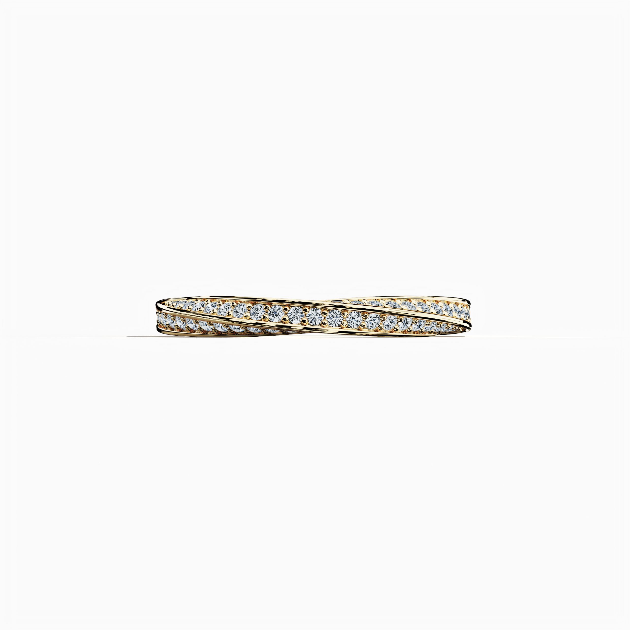 This striking image displays a yellow gold twisted diamond band in a ring sleeping front view, featuring a radiant spiral design accented by a brilliant 1.05 carat diamond. The piece, also known as a helix, twisted, or interwoven band, exudes a warm, glowing finish often referred to as classic yellow or golden alloy. Its exquisite detailing and refined craftsmanship merge timeless artistry with modern sophistication, creating a luxurious and eye‐catching statement piece. Keywords: yellow gold, twisted, diam