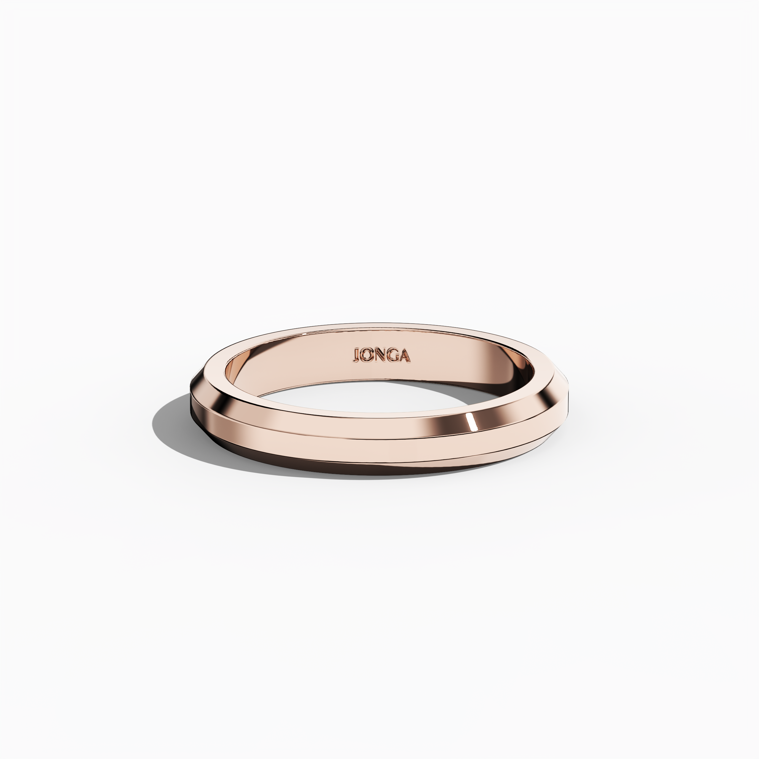Top-down image of a 3.2mm three-step wedding band crafted in rosy rose gold, also termed red gold or sunset gold, presented in a sleeping front top view. The band showcases a matte-finished center step flanked by glossy-finished steps, embodying the tiered band, stepped-edge ring, or layered wedding band design. This perspective highlights the harmonious contrast between textures and the ring's warm, romantic appeal. Keywords: rose gold wedding band, three-step design, matte center, glossy finish.
