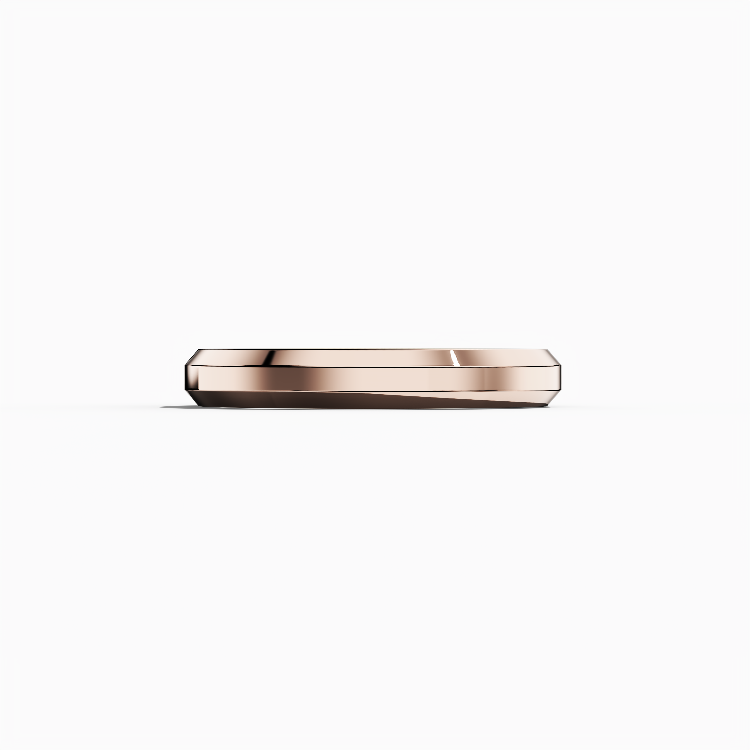 Image of a 3.2 мм wide three-step wedding band in warm розовое золото, also known as blush gold or pink gold, displayed in a sleeping front view. The center step features a matte finish, while the surrounding steps have a glossy sheen. This design, referred to as a tiered band, stepped-edge ring, or layered wedding band, combines contemporary aesthetics with a romantic hue. Keywords: розовое золото wedding band, three-step design, matte and glossy finish, blush gold, tiered band.