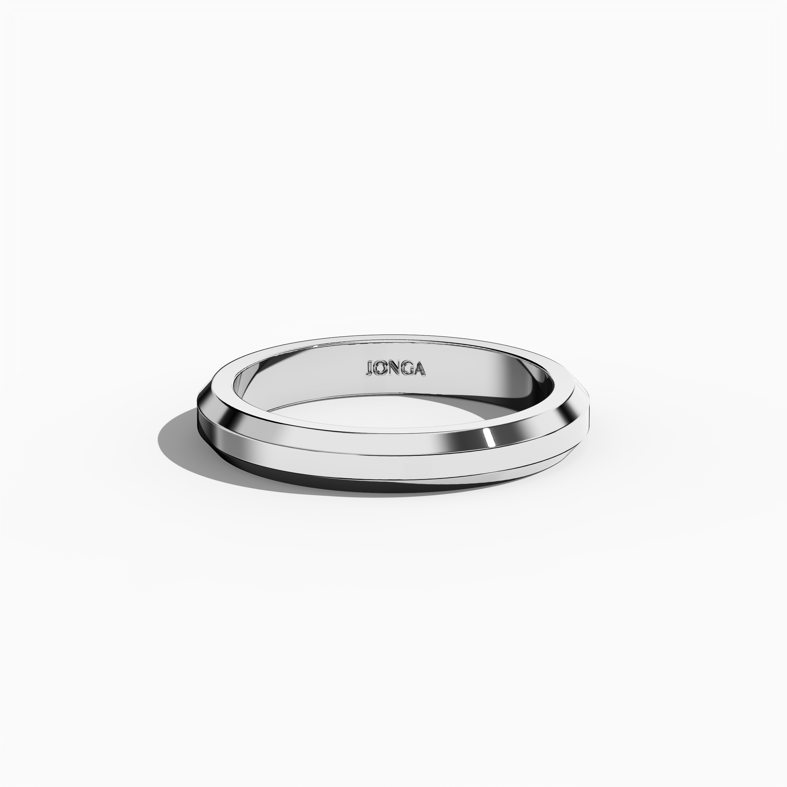 Top-down image of a 3.2 мм three-step wedding band crafted in luminous белое золото, also termed icy gold or pale gold, presented in a sleeping front top view. The band showcases a matte-finished center step flanked by glossy-finished steps, embodying the tiered band, stepped-edge ring, or layered wedding band design. This perspective highlights the harmonious contrast between textures and the ring's contemporary appeal. Keywords: белое золото wedding band, three-step design, matte center, glossy finish.