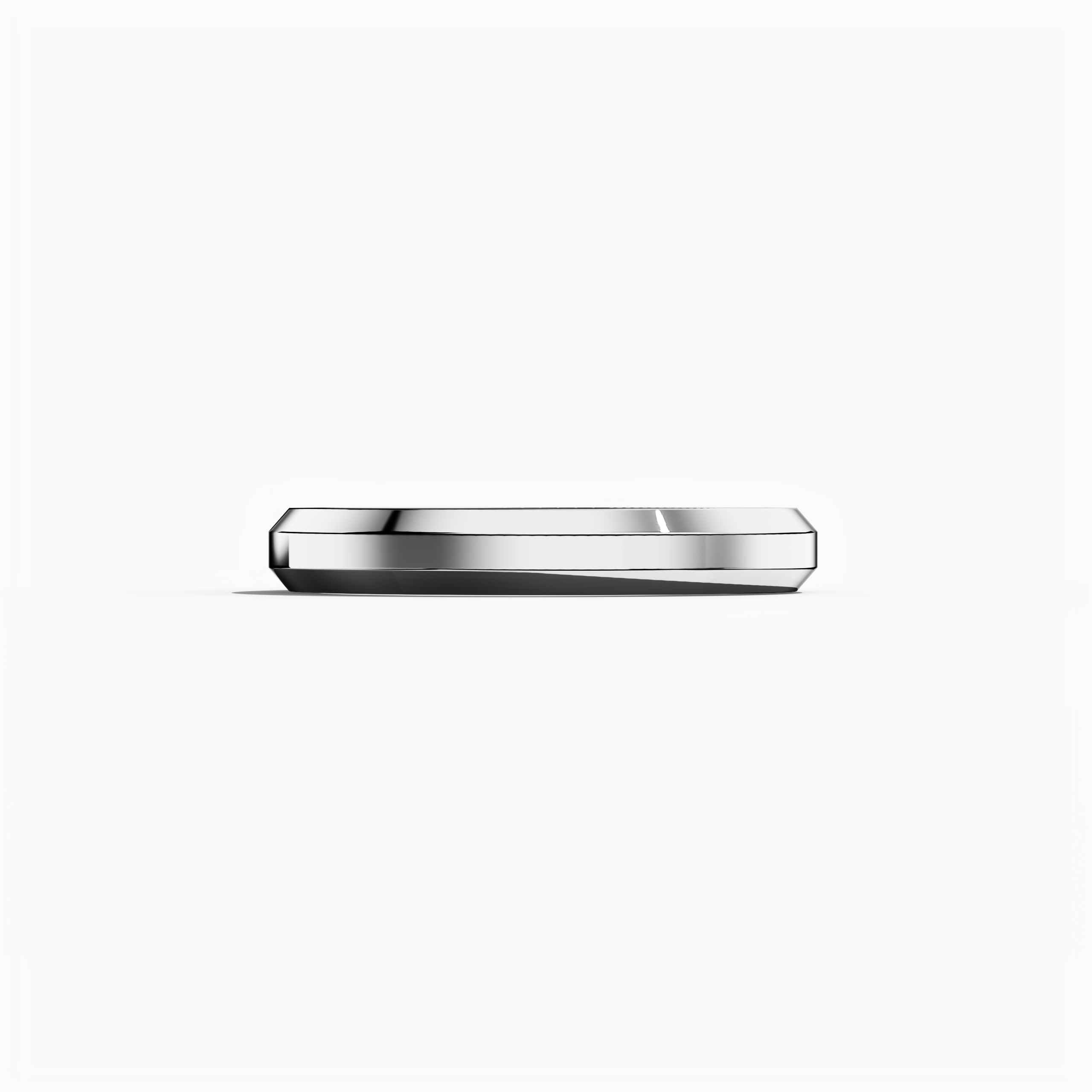 Image of a 3.2 мм wide three-step wedding band in radiant белое золото, also known as silvery gold or frost gold, displayed in a sleeping front view. The center step features a matte finish, while the adjacent steps boast a glossy sheen. This design, referred to as a tiered band, stepped-edge ring, or layered wedding band, exemplifies modern elegance and meticulous craftsmanship. Keywords: белое золото wedding band, three-step design, matte and glossy finish, tiered band, layered wedding band.