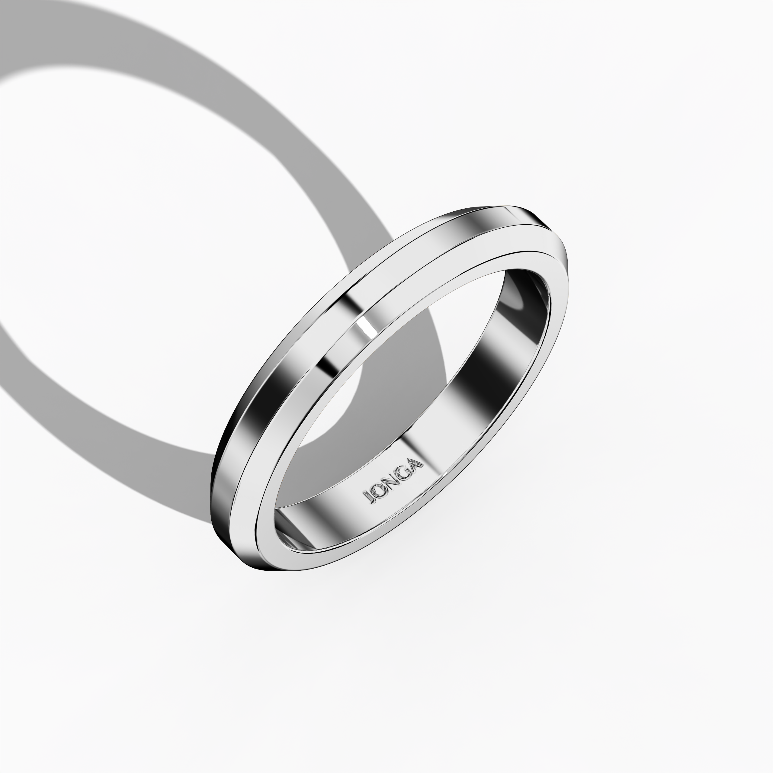 Angled image of a 3.2 мм three-step wedding band in sleek белое золото, known as argent gold or snow gold, captured in a standing front top side view. The matte center step is accentuated by glossy outer steps, reflecting the tiered band, stepped-edge ring, or layered wedding band design. This angle emphasizes the ring's dimensionality and the interplay of matte and glossy finishes. Keywords: белое золото wedding band, three-step design, matte and glossy contrast, layered wedding band, modern elegance.