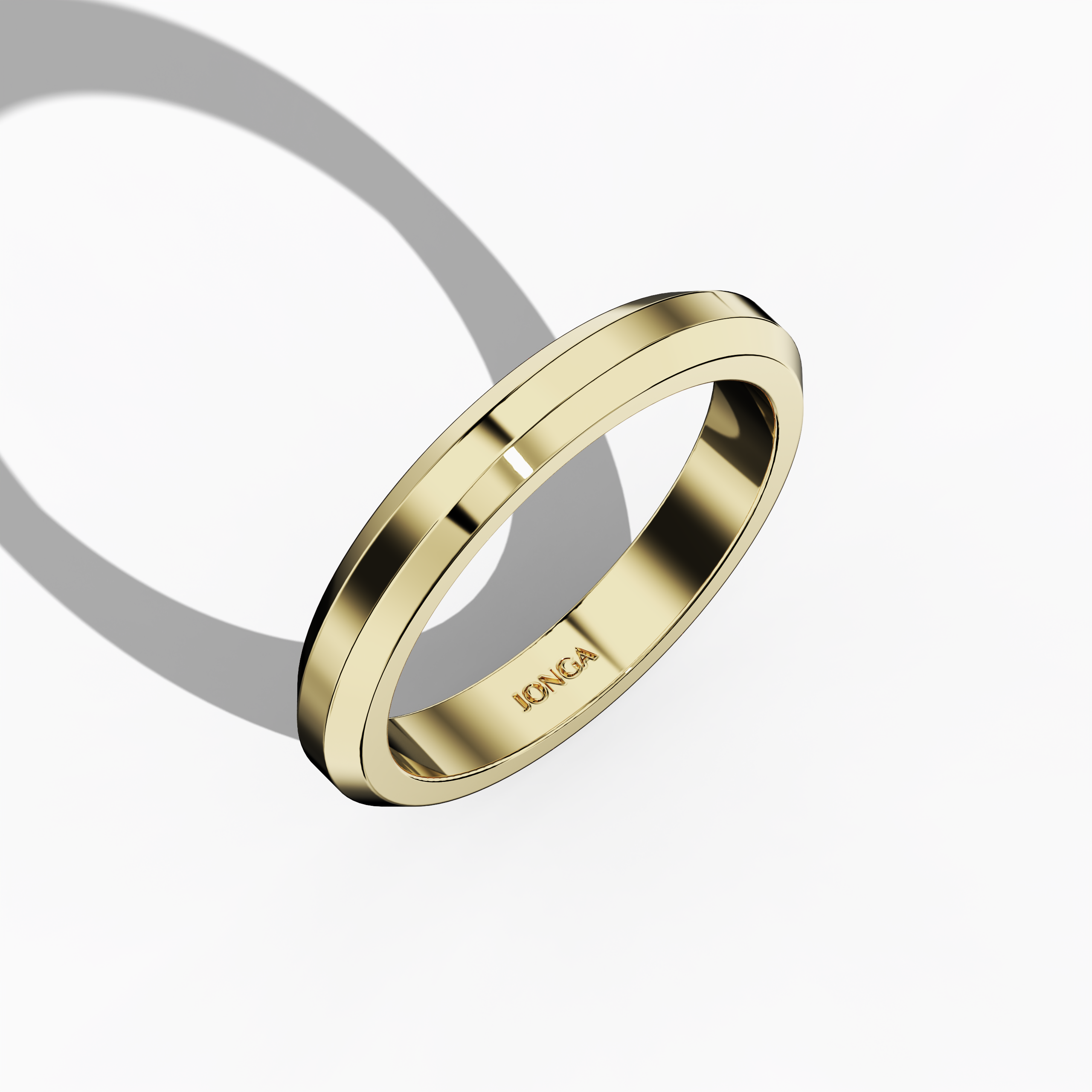 Striking image capturing a 3.2 мм three-step wedding band in luminous жёлтое золото (classic or sunlit gold) from a standing front top side view. The ring’s design features a distinct matte-finished central step bordered by glossy-finished outer steps, embodying aesthetics of a tiered band, stepped-edge ring, layered wedding band, and three-tier band. This perspective emphasizes contemporary design, intricate detailing, and refined craftsmanship that resonate with global style. Keywords: жёлтое золото.
