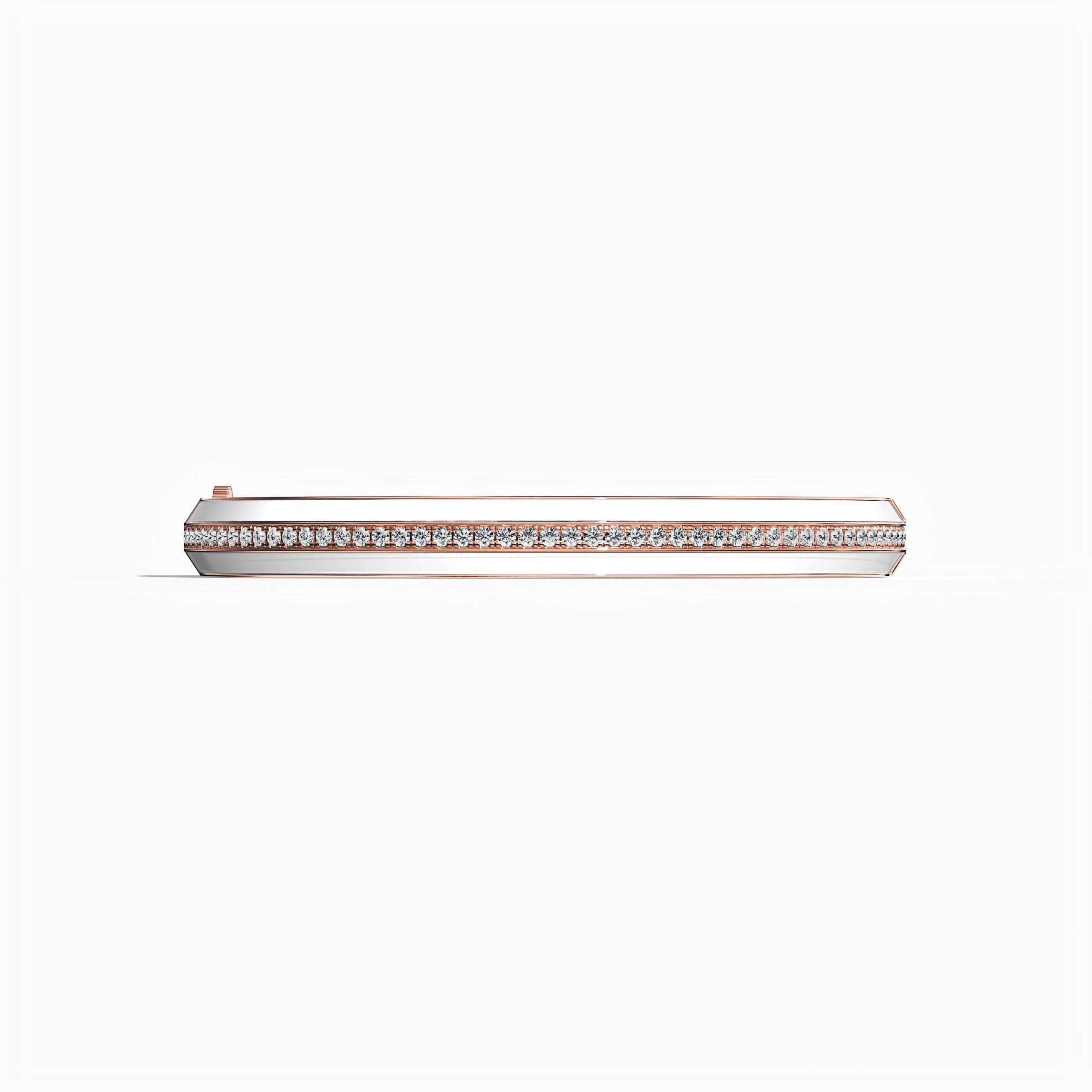 Front view of a side enamel center paved bangle in розовое золото (also referred to as pink gold), featuring a crisp white enamel band. Sparkling with 2.60 carats of diamonds in a pavé setting, this exquisite piece—called bracelet, armlet, kangan, or pulsera—unites modern grace with a warm metallic hue. The refined design combines radiant gemstones and a bright enamel accent for timeless appeal. Keywords: bangle, enamel, diamonds, розовое золото.