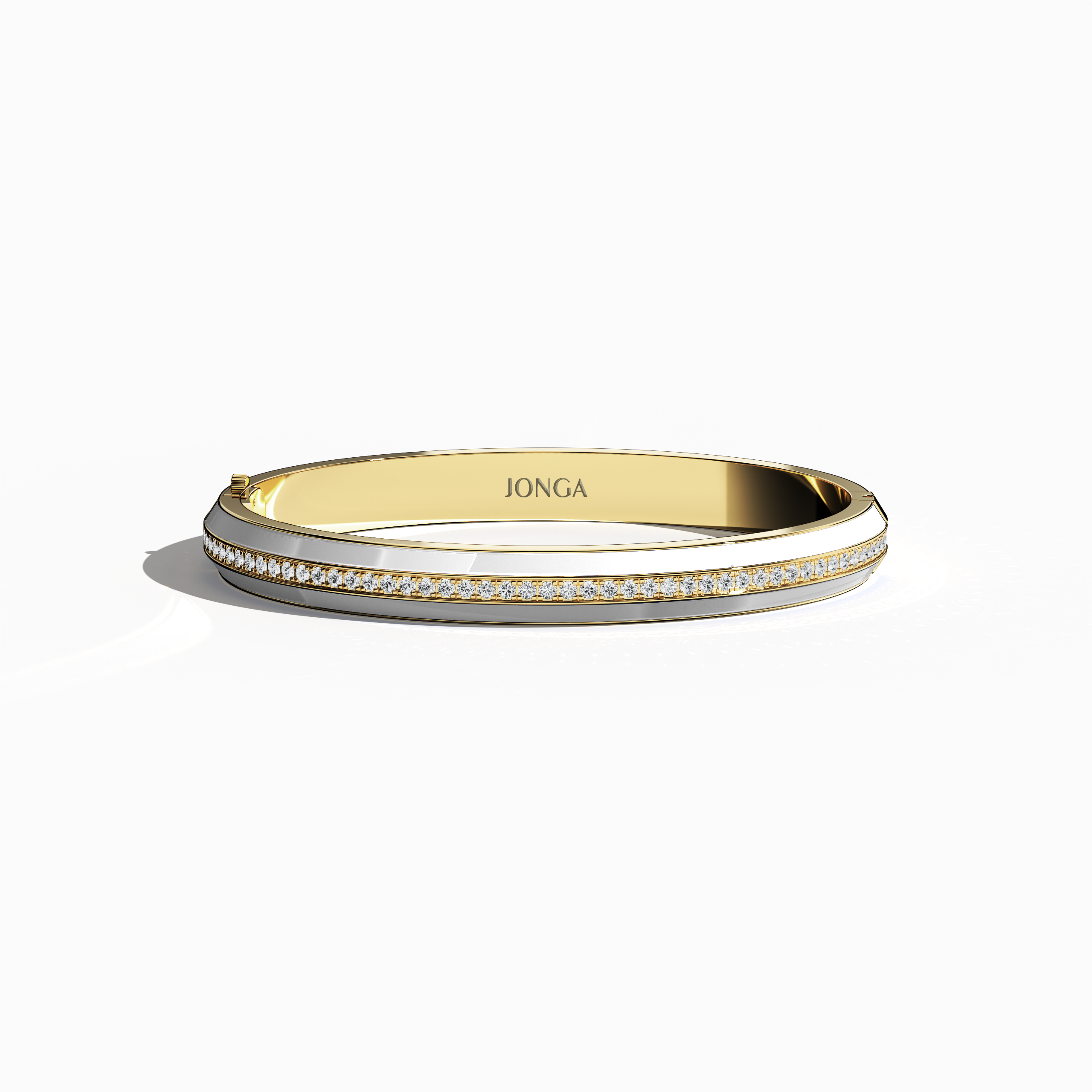Front top view of a side enamel center paved bangle in жёлтое золото (sometimes known as oro), showcasing a radiant white enamel stripe. This 2.60-carat diamond ornament—termed bracelet, armlet, kangan, or pulsera—combines shimmering pavé diamonds with a luminous enamel accent. Its streamlined form and classic gold hue lend a refined yet contemporary appeal. Keywords: bangle, enamel, diamonds, жёлтое золото.