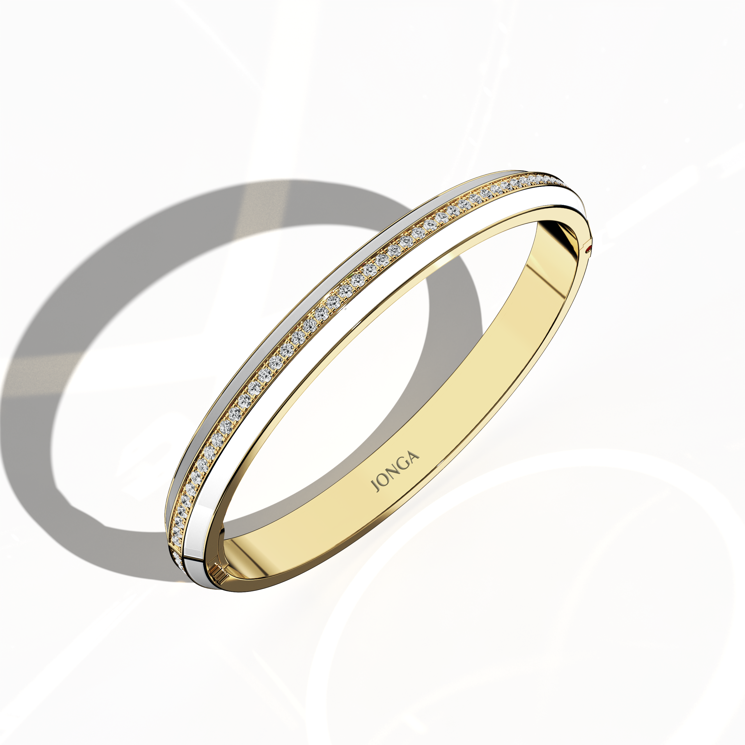 Standing front top side view of a side enamel center paved bangle in жёлтое золото (also called traditional gold), adorned with a pristine white enamel band. Embellished with 2.60 carats of diamonds in a pavé layout, this piece—bracelet, armlet, kangan, or pulsera—blends warmth and modernity. The raised angle highlights the synergy of vibrant enamel, brilliant gems, and classic metal. Keywords: bangle, enamel, diamonds, жёлтое золото.