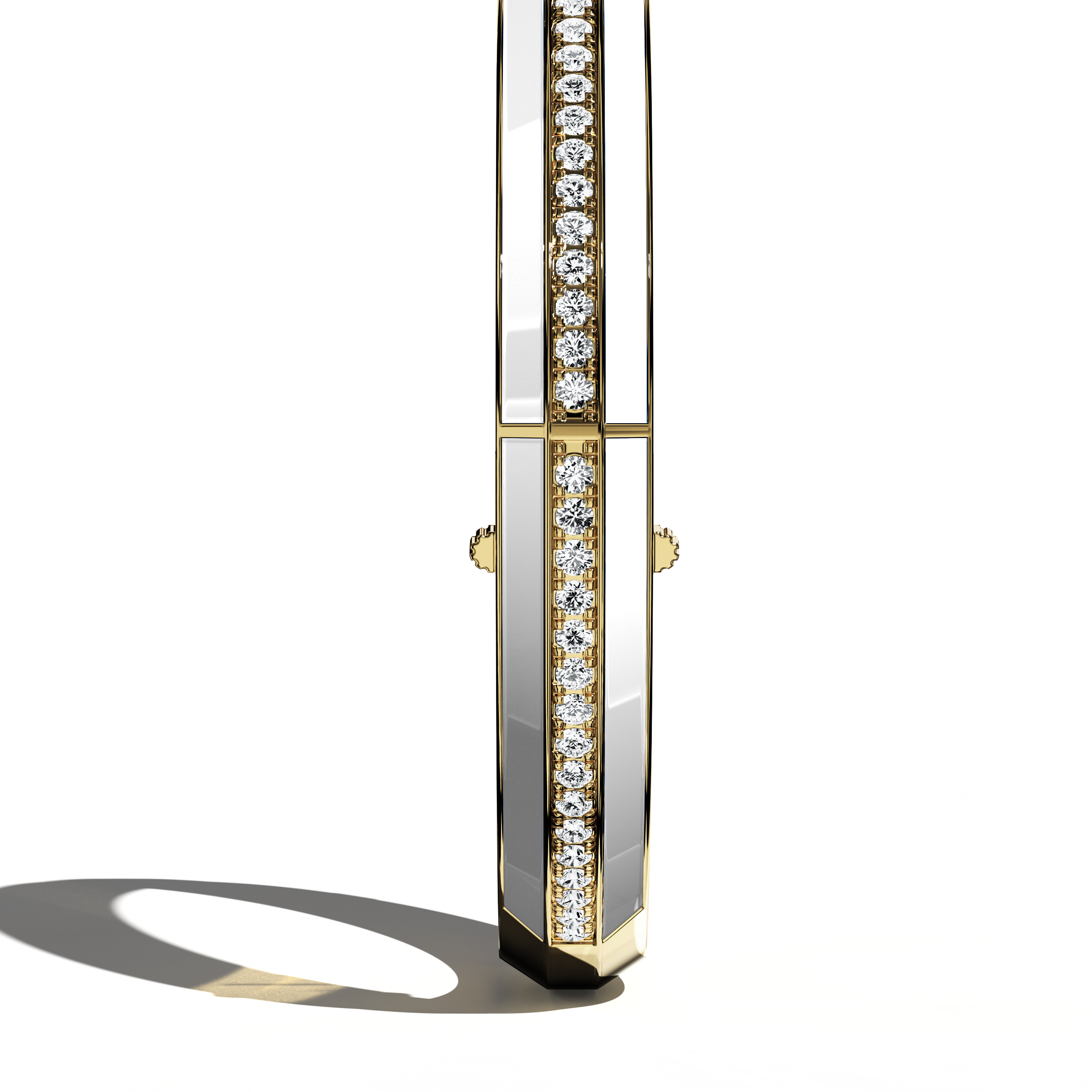 Standing side view of a side enamel center paved bangle in жёлтое золото (often described as classic gold), featuring a glossy white enamel panel. Dazzling with 2.60 carats of pavé-set diamonds, this accessory—also named bracelet, armlet, kangan, or pulsera—exudes timeless elegance. The slender profile reveals a balanced interplay of traditional metal and fresh enamel. Keywords: bangle, enamel, diamonds, жёлтое золото.