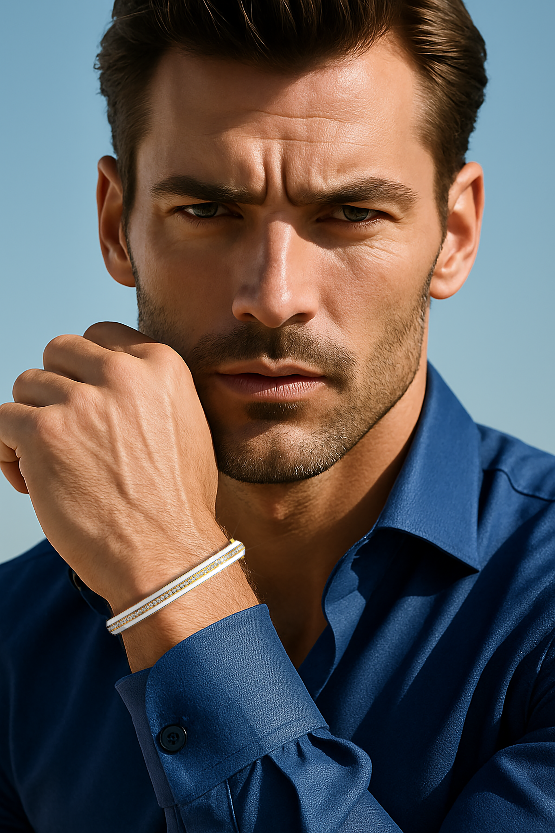 Side enamel center paved bangle in жёлтое золото (sometimes known as oro) with white enamel, worn on a masculine wrist. Its 2.60-carat diamond pavé adds a subtle yet luxurious glow, making this bracelet, armlet, kangan, or pulsera a standout statement. The classic gold tone paired with crisp enamel enhances any attire, reflecting both tradition and modern style. Keywords: bangle, enamel, diamonds, жёлтое золото.