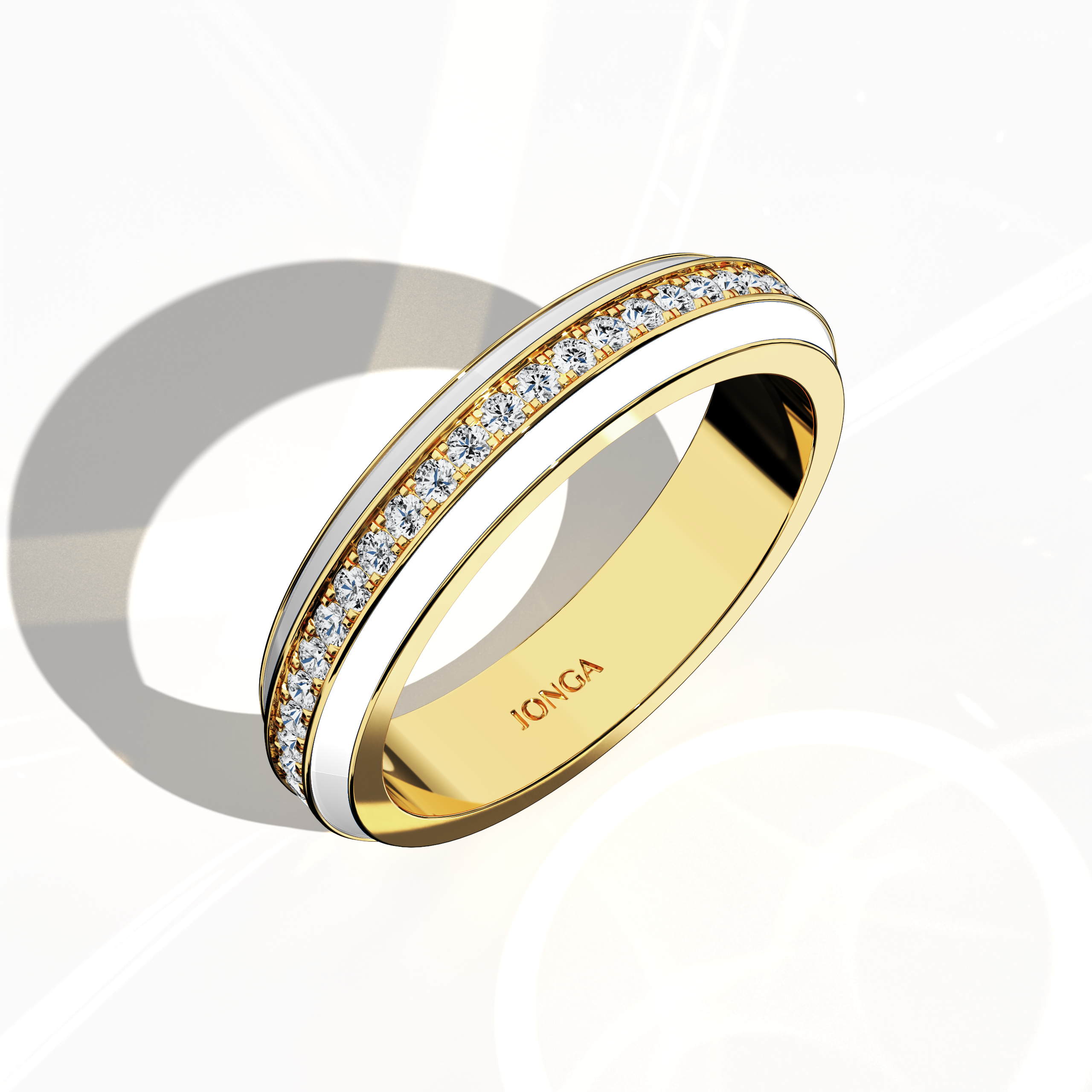 Admire the vibrant profile of this жёлтое золото ring, accentuated by luminous white glossy enamel and a 0.35 carat paved center stone set in an exquisite pave band. Viewed from a standing front top side perspective, the intricate pavé detailing—known as Eternity Pave, Pavé Chic, and Carat Pave—accentuates the radiant fusion of warm жёлтое золото with crisp white enamel. The design embodies modern luxury and artistic finesse, making a bold statement.
Keywords: enamel, pave, luxury, designer.