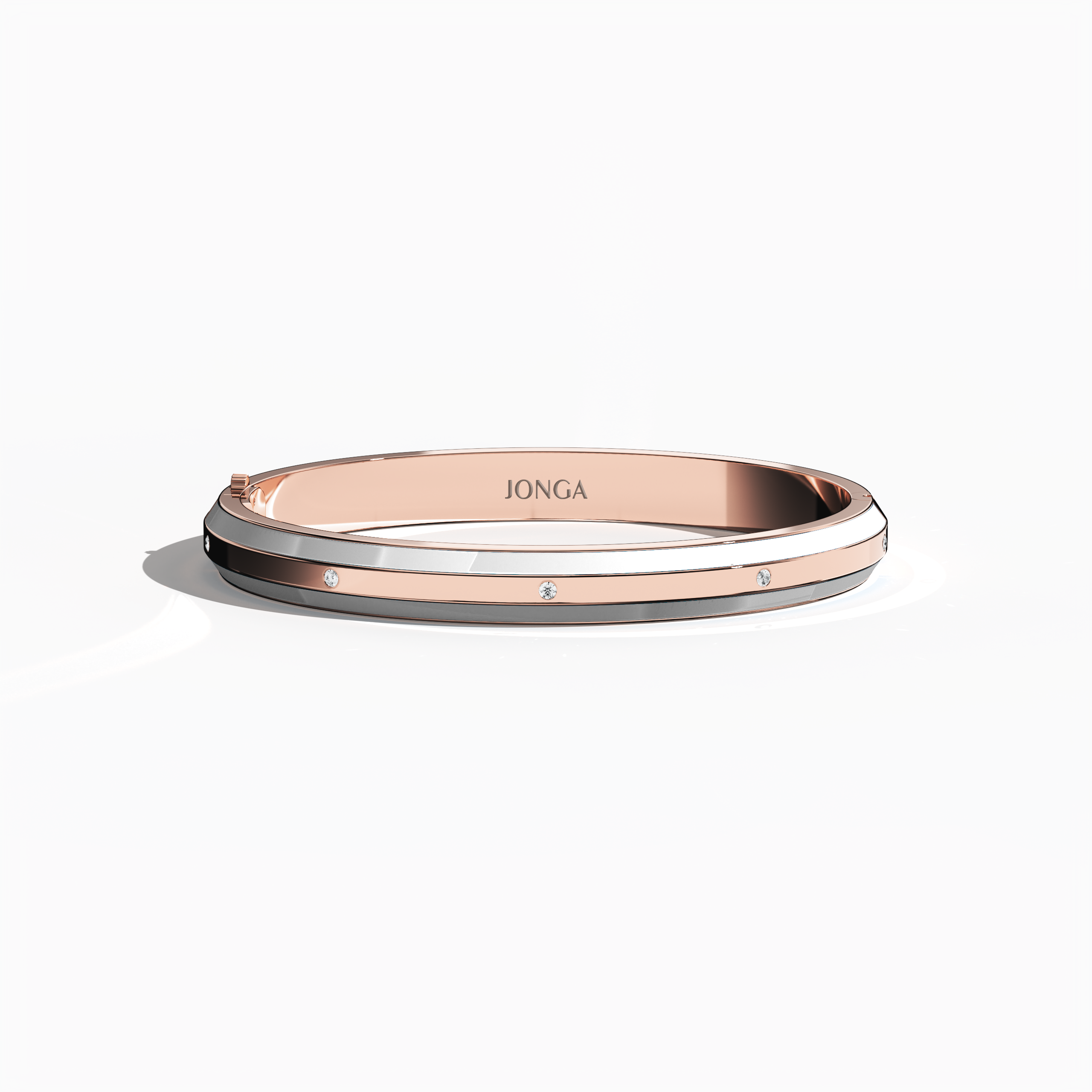 Front top view of a side enamel 9-Diamonds bangle with 0.25 carat total diamond weight in radiant розовое золото—often referred to as pink gold, red gold, or blush gold. Called a diamond-encrusted bracelet, kada, or armlet, it features a sleek white enamel border—pearl or ivory in hue—emphasizing nine shimmering diamonds. Keywords: diamond bangle, розовое золото, white enamel, 9 diamonds, style.