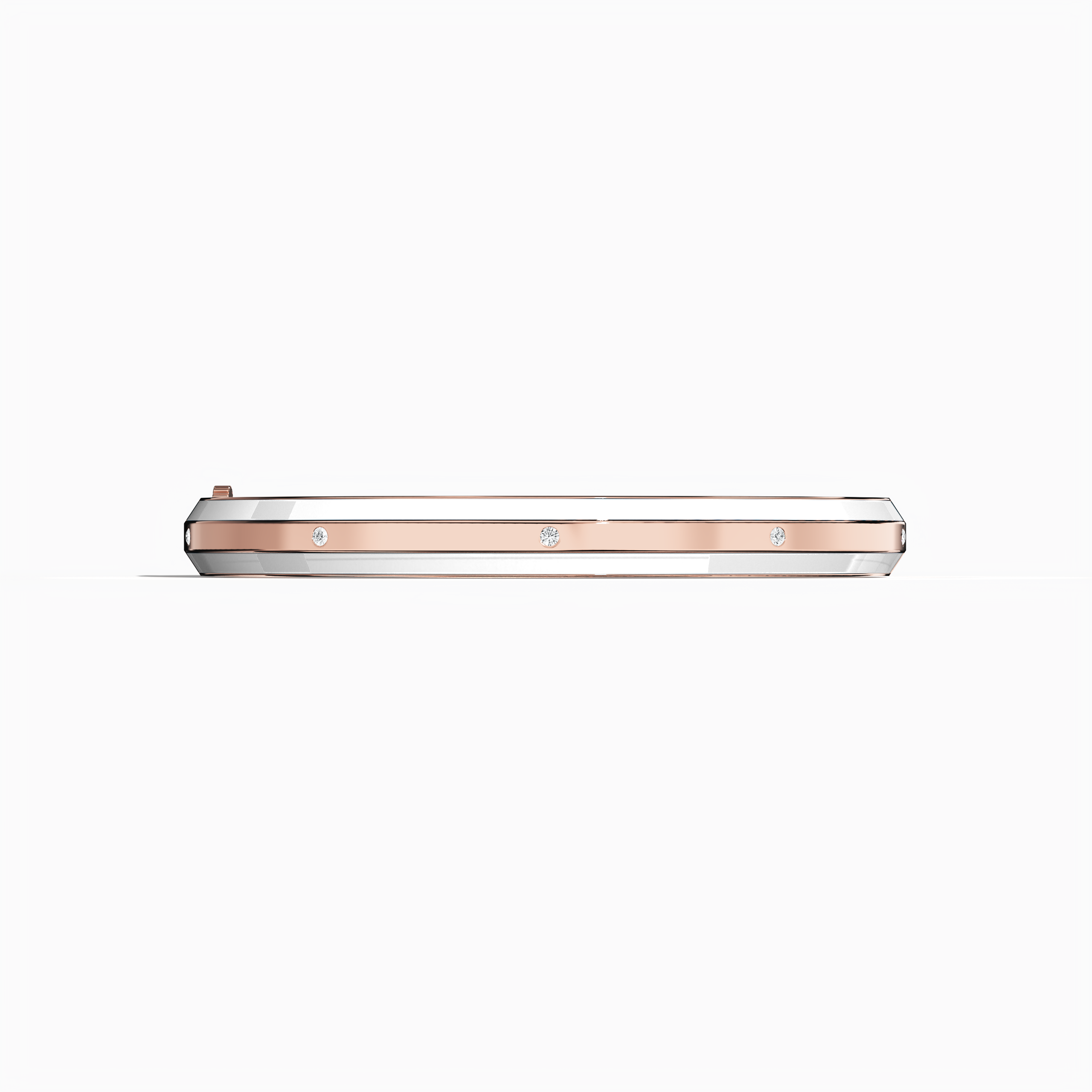 Front view of a side enamel 9-Diamonds bangle carrying 0.25 carat total diamond weight in exquisite розовое золото—sometimes called pink gold, red gold, or blush gold. Also known as a diamond-encrusted bracelet, kada, or armlet, it showcases a luminous white enamel strip—pearl or ivory toned—enhancing nine sparkling diamonds. Keywords: diamond bangle, розовое золото, white enamel, 9 diamonds, unisex.