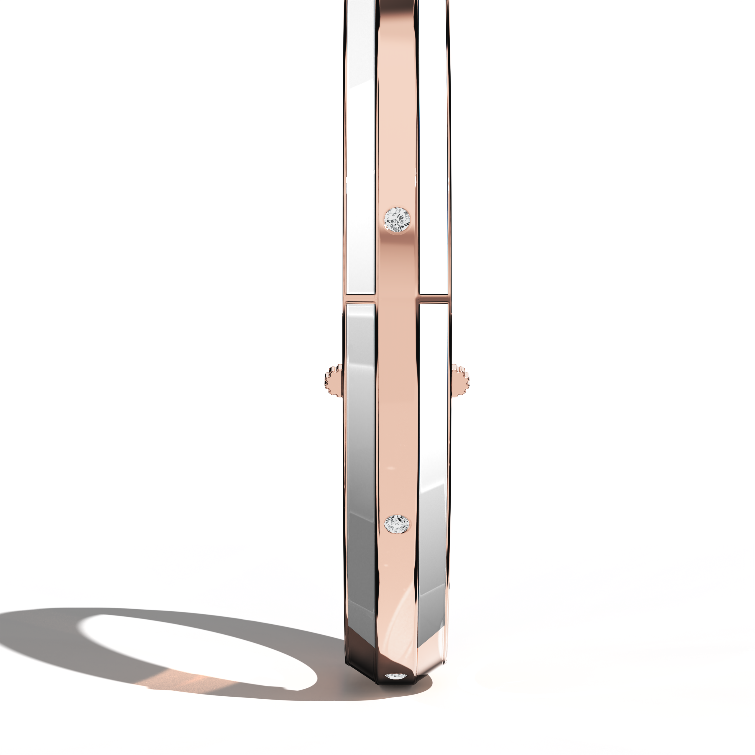 Standing side view of a side enamel 9-Diamonds bangle with 0.25 carat total diamond weight in delicate розовое золото—sometimes known as pink gold, red gold, or blush gold. Renowned as a diamond-encrusted bracelet, kada, or armlet, it displays a lustrous white enamel accent—pearl or ivory tinted—spotlighting nine brilliant diamonds. Keywords: diamond bangle, розовое золото, white enamel, 9 diamonds, elegance.