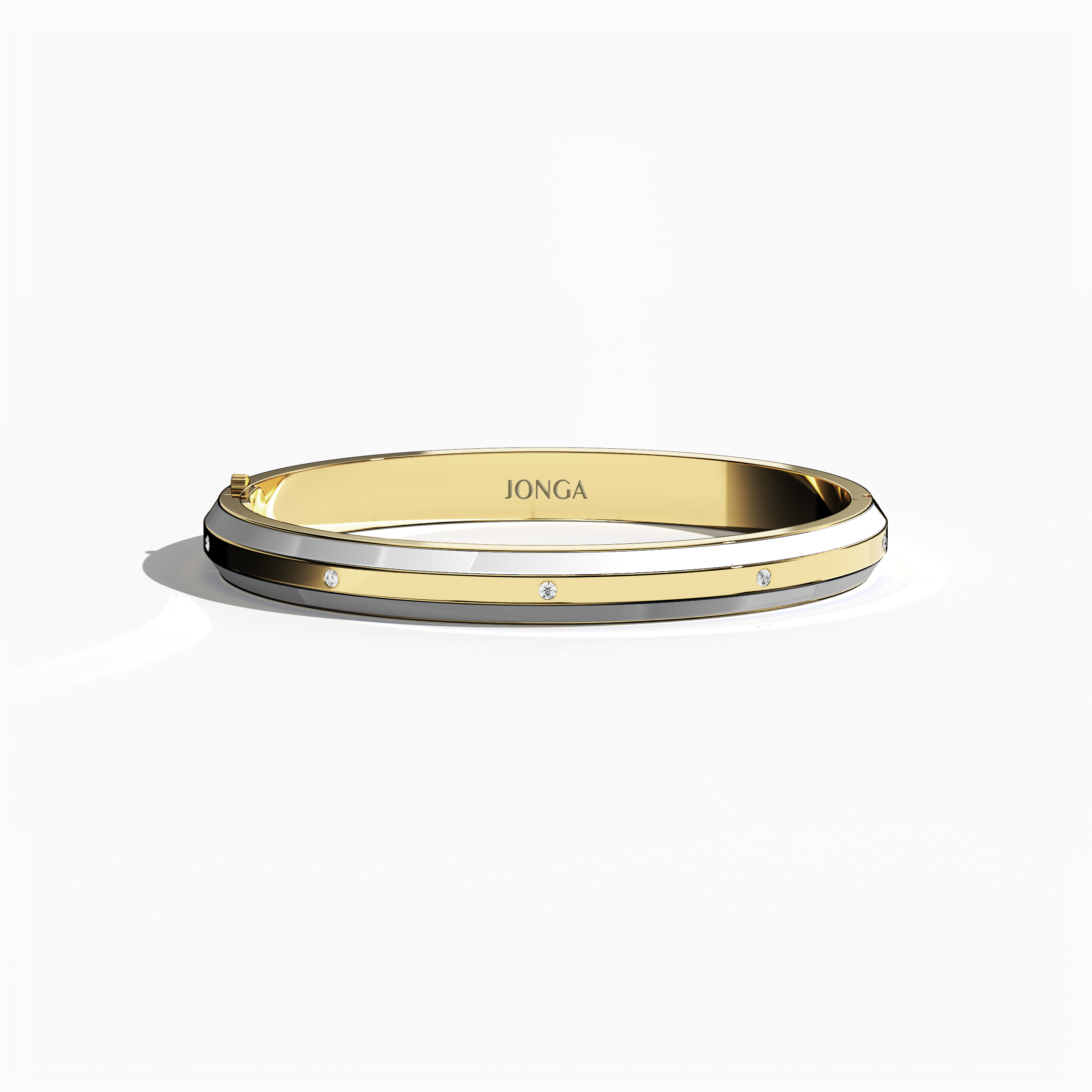 Front top view of a side enamel 9-Diamonds bangle showcasing 0.25 carat total diamond weight in radiant жёлтое золото—often called classic gold, golden, or sunlit gold. Labeled as a diamond-encrusted bracelet, kada, or armlet, it boasts a sleek white enamel strip—pearl or ivory tinted—accentuating nine brilliant diamonds. Keywords: diamond bangle, жёлтое золото, white enamel, 9 diamonds, style.