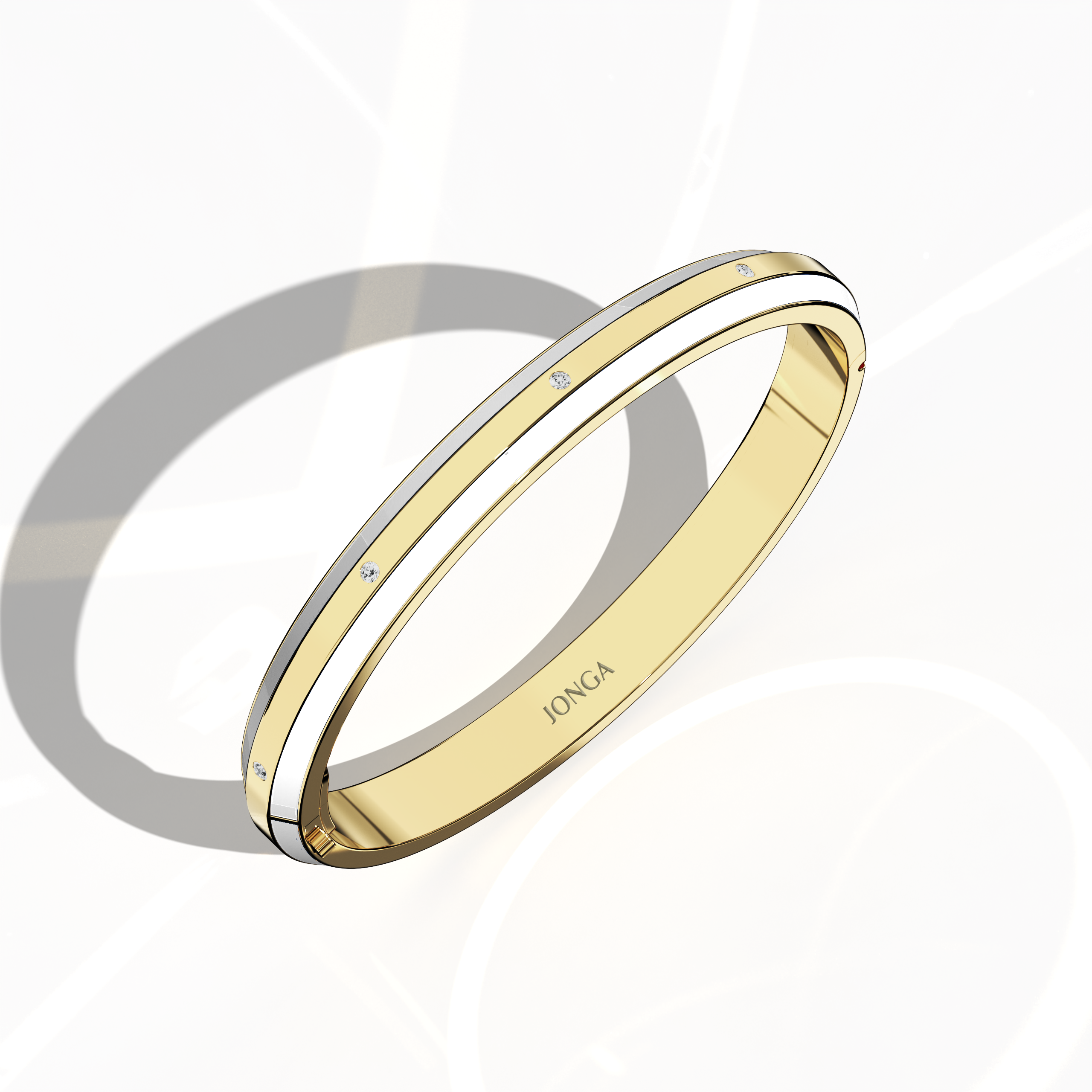 Standing front top side view of a side enamel 9-Diamonds bangle carrying 0.25 carat total diamond weight in lustrous жёлтое золото—sometimes described as classic gold, golden, or sunlit gold. Also recognized as a diamond-encrusted bracelet, kada, or armlet, it displays a glossy white enamel edge—pearl or ivory in hue—framing nine radiant diamonds. Keywords: diamond bangle, жёлтое золото, white enamel, 9 diamonds, unisex.