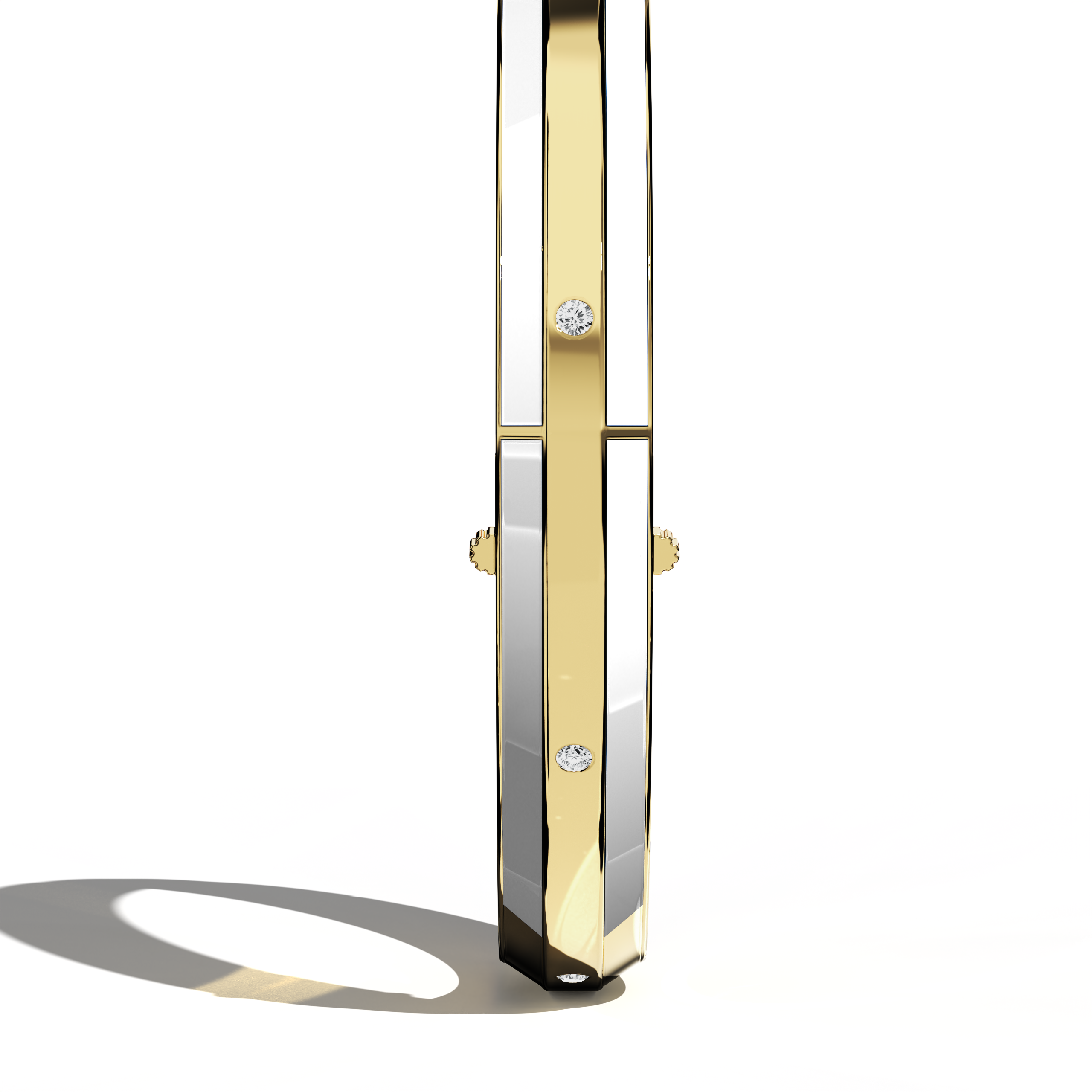 Standing side view of a side enamel 9-Diamonds bangle, presenting 0.25 carat total diamond weight in gleaming жёлтое золото—commonly known as classic gold, golden, or sunlit gold. This piece, called a diamond-encrusted bracelet, kada, or armlet, shows off a luminous white enamel accent—pearl or ivory toned—spotlighting nine dazzling diamonds. Keywords: diamond bangle, жёлтое золото, white enamel, 9 diamonds, elegant.