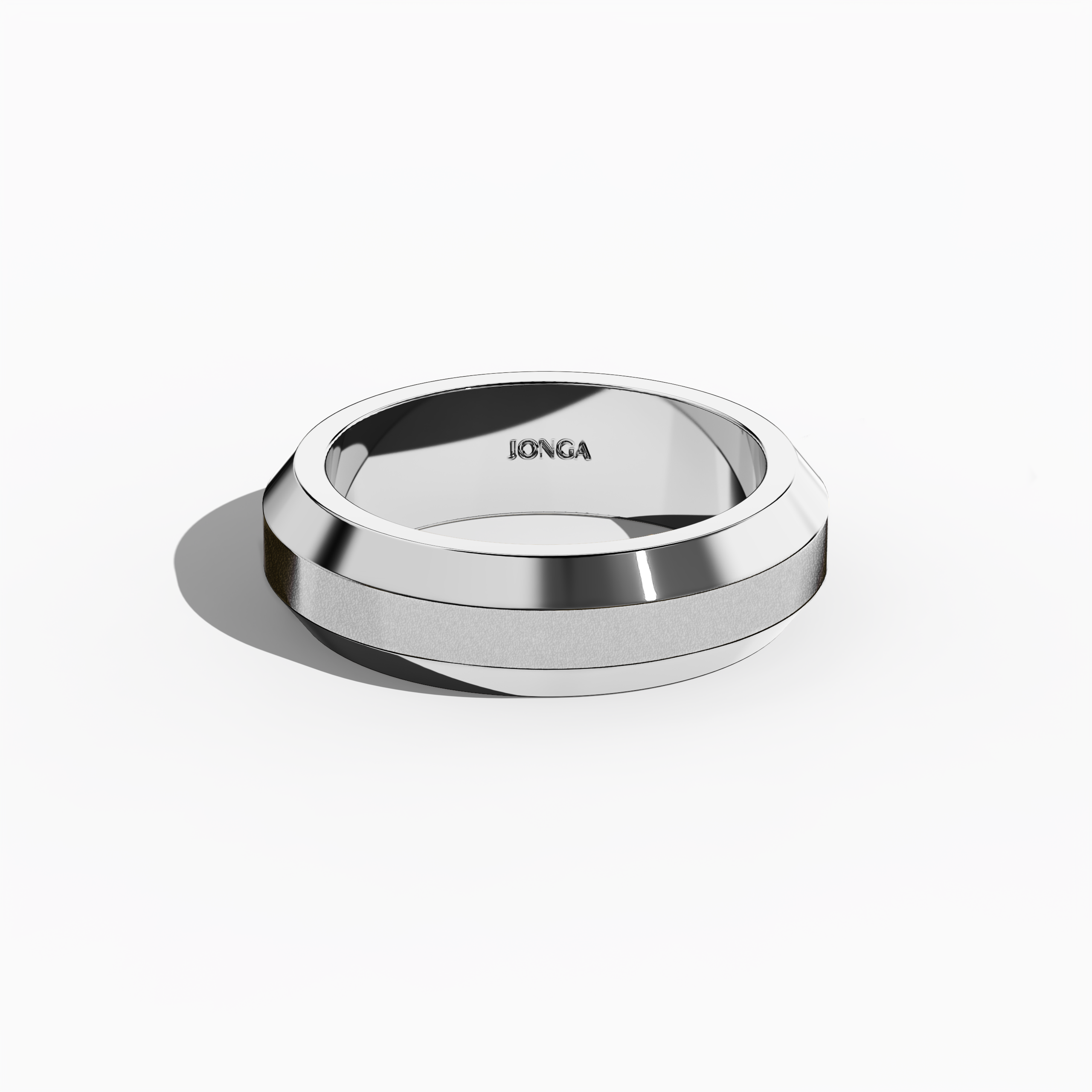Image displaying a refined three‐step design белое золото (luminous white, sterling white) wedding band with a robust 6.5 мм width, featuring a smooth matte‐finished center step paired with lustrous glossy outer steps. This tiered, triple‐tier, layered, stepped, and graduated step band embodies modern elegance, exceptional artistry, and sleek sophistication. Captured in a sleeping front top view on a soft neutral backdrop, keywords include белое золото, matte, glossy, wedding band, and contemporary design.