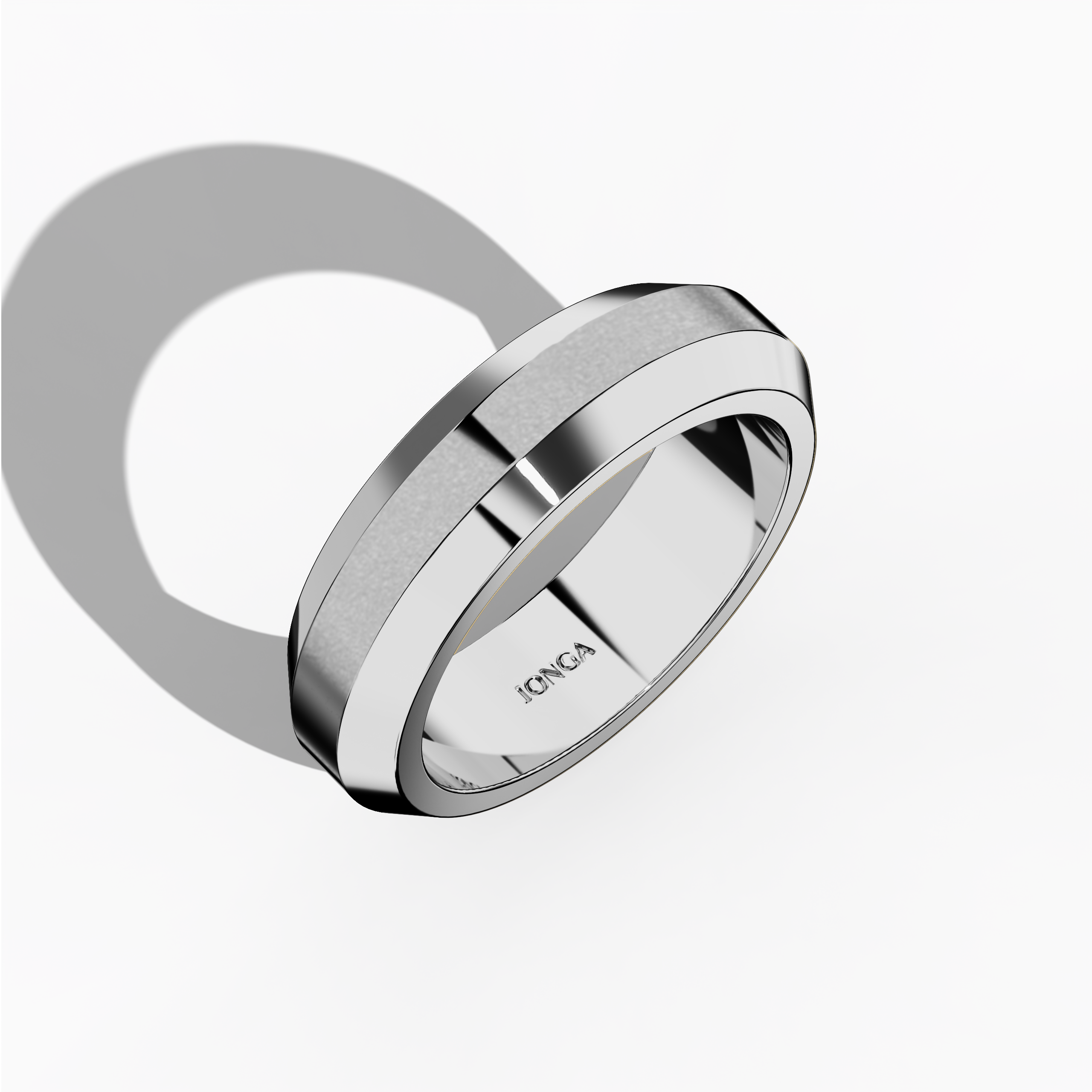 Visual depiction of a luxurious three‐step design белое золото (luminous white, sterling white) wedding band, boasting a 6.5 мм width with a distinct matte center step and radiant glossy outer steps. The design—described as tiered, triple‐tier, layered, stepped, and graduated step band—exemplifies refined craftsmanship and modern allure. Shown in a standing front top side view on a minimalist background, keywords include белое золото, matte finish, glossy polish, and innovative wedding band design.