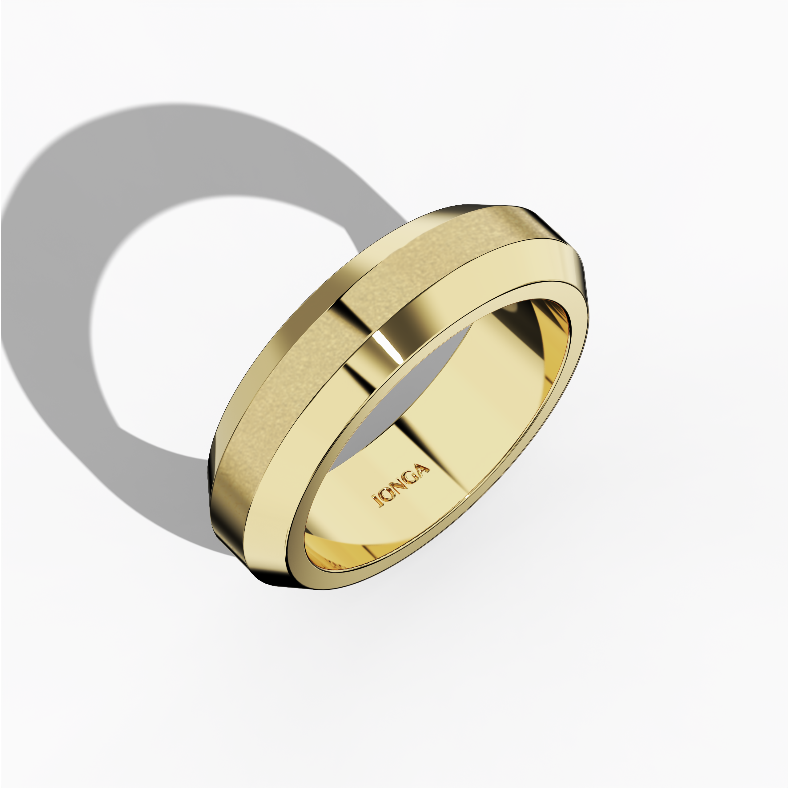 Visual depiction of a luxurious three‐step design жёлтое золото (classic gold, sunlit gold) wedding band, boasting a 6.5 мм width with a unique matte‐finished center step highlighted by luminous glossy outer steps. This tiered, triple‐tier, layered, stepped, and graduated step band exudes modern elegance, impeccable craftsmanship, and refined sophistication. Shown in a standing front top side view on a minimalist backdrop, keywords include жёлтое золото, matte finish, glossy, and wedding band design.