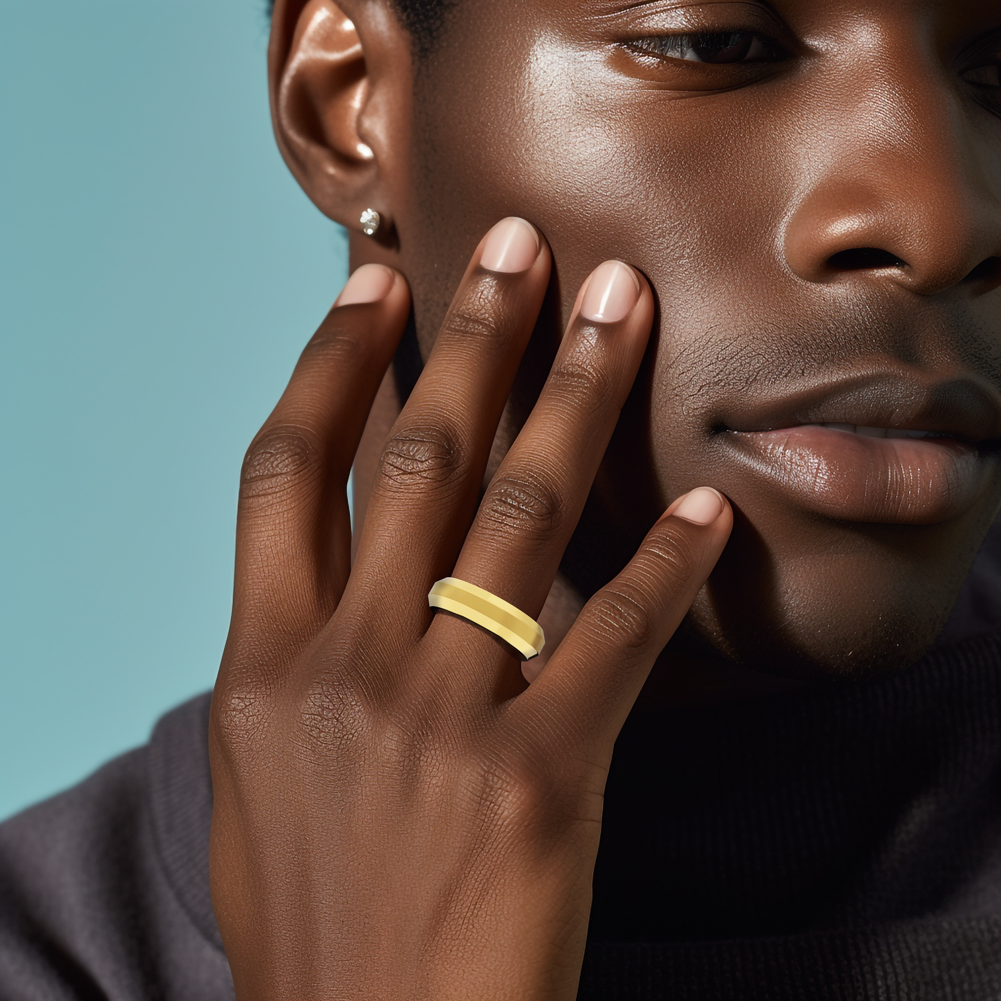Photograph of a sophisticated three‐step design жёлтое золото (classic gold, sunlit gold) wedding band, meticulously crafted with a 6.5 мм width featuring a striking matte‐finished central step alongside brilliant glossy outer steps. This tiered, triple‐tier, layered, stepped, and graduated step band epitomizes modern luxury, artisanal elegance, and timeless style. Worn on finger and captured with refined detail, keywords include жёлтое золото, matte, glossy, wedding band, and innovative design.