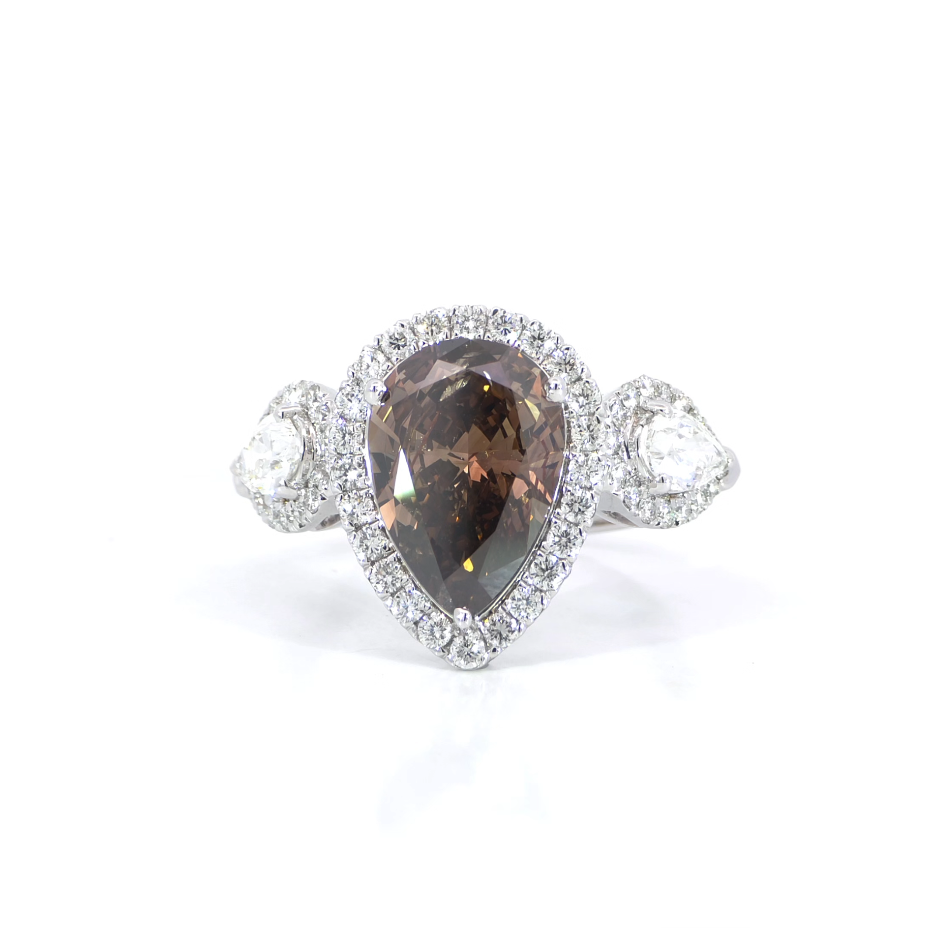 Brown diamond pear trio halo ring