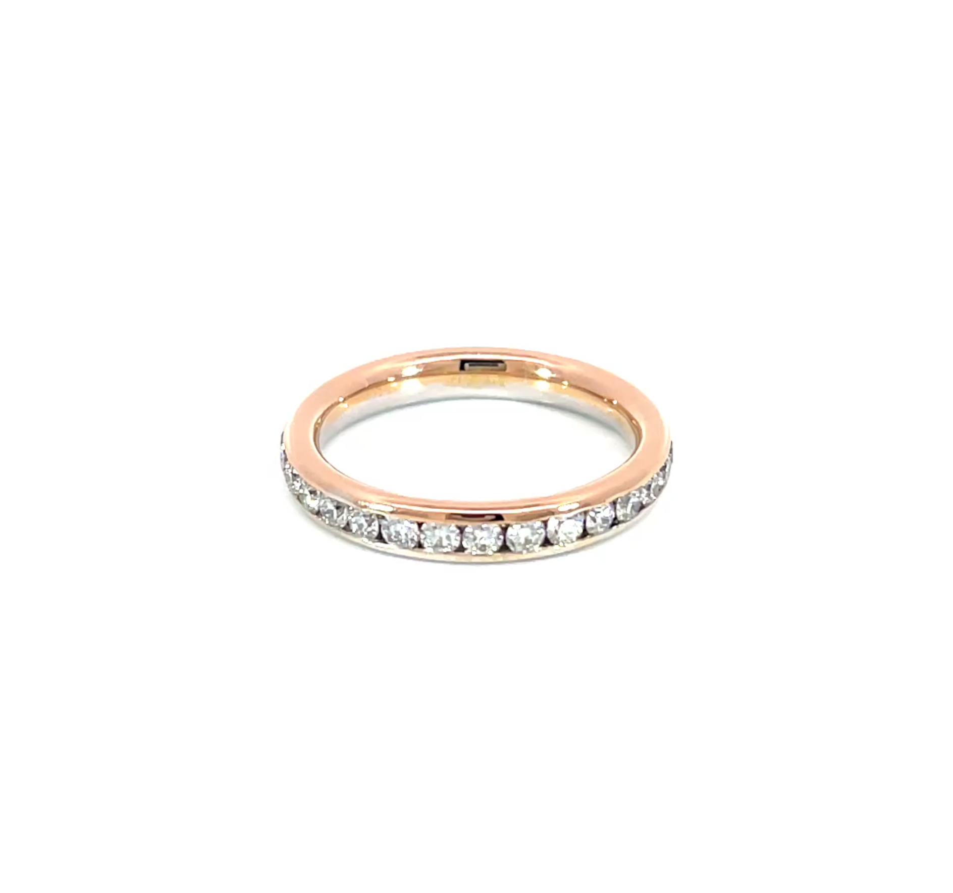 Round Eternity Band showing 1.00 carat D-F color VS clarity diamonds in channel setting 18K white gold