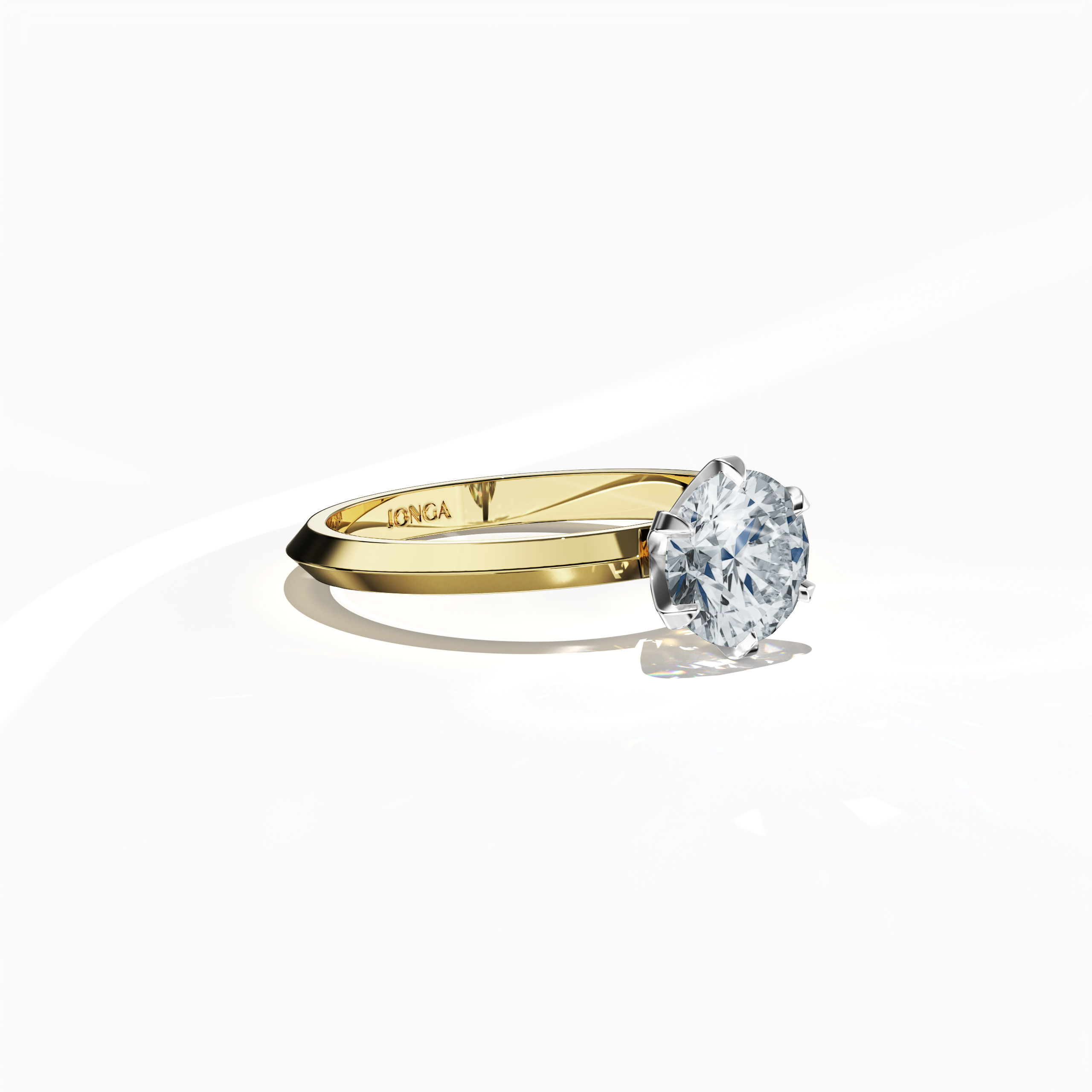 Solitaire diamond ring with a 1 carat center stone in a six-baby claw prong setting and a dual-step band with a sharp central line, mounted in a rich жёлтое золото band. Captured in a sleeping side view that highlights its sleek design and warm, radiant finish as an exquisite piece of fine Украшения/fine Ювелирные изделия.