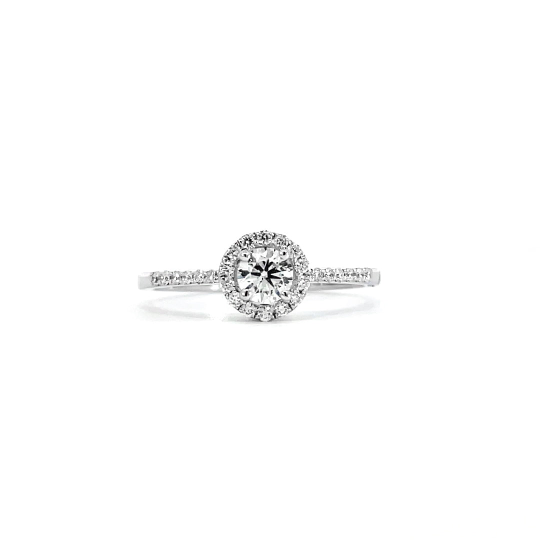 Solitaire Halo Semi-Paved Ring 0.43 carat total diamond D-F color VVS-VS clarity 18K white gold handcrafted in Dubai