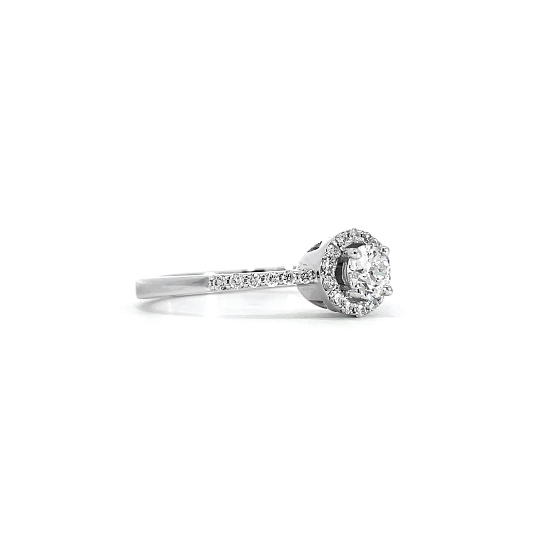 Solitaire Halo Semi-Paved Ring showing 0.43 carat D-F color VVS-VS clarity diamonds with halo and semi-pave setting 18K white gold
