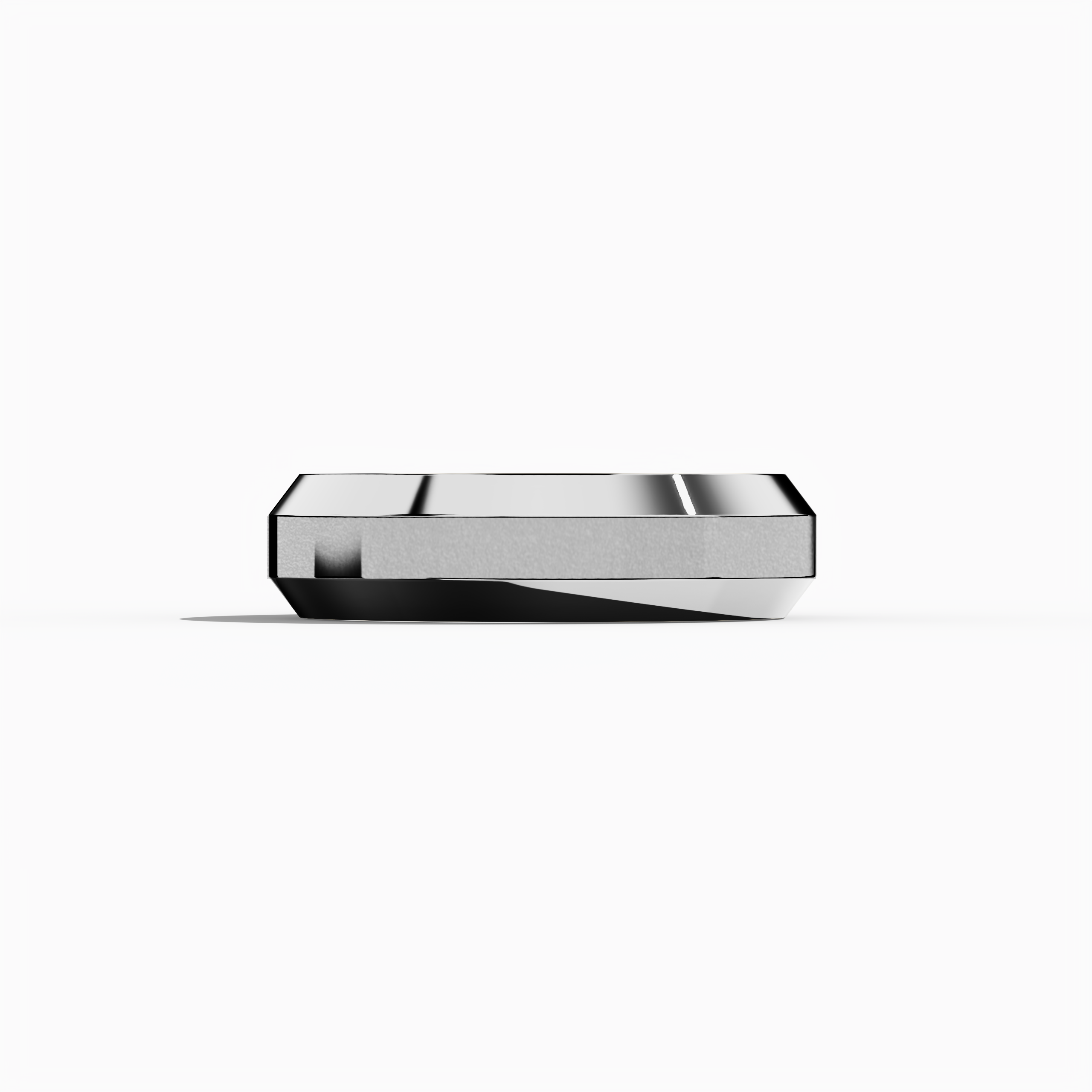 Image showcasing a meticulously crafted three‐step design белое золото (luminous white, sterling white) wedding band, measuring 6.5 мм in width, with a bold matte‐finished central step contrasted by brilliantly glossy outer steps. This tiered, triple‐tier, layered, stepped, and graduated step band epitomizes modern sophistication, luxury, and refined artistry. Presented in a sleeping front view on a soft neutral background, keywords include белое золото, matte, glossy, wedding band, and innovative design.