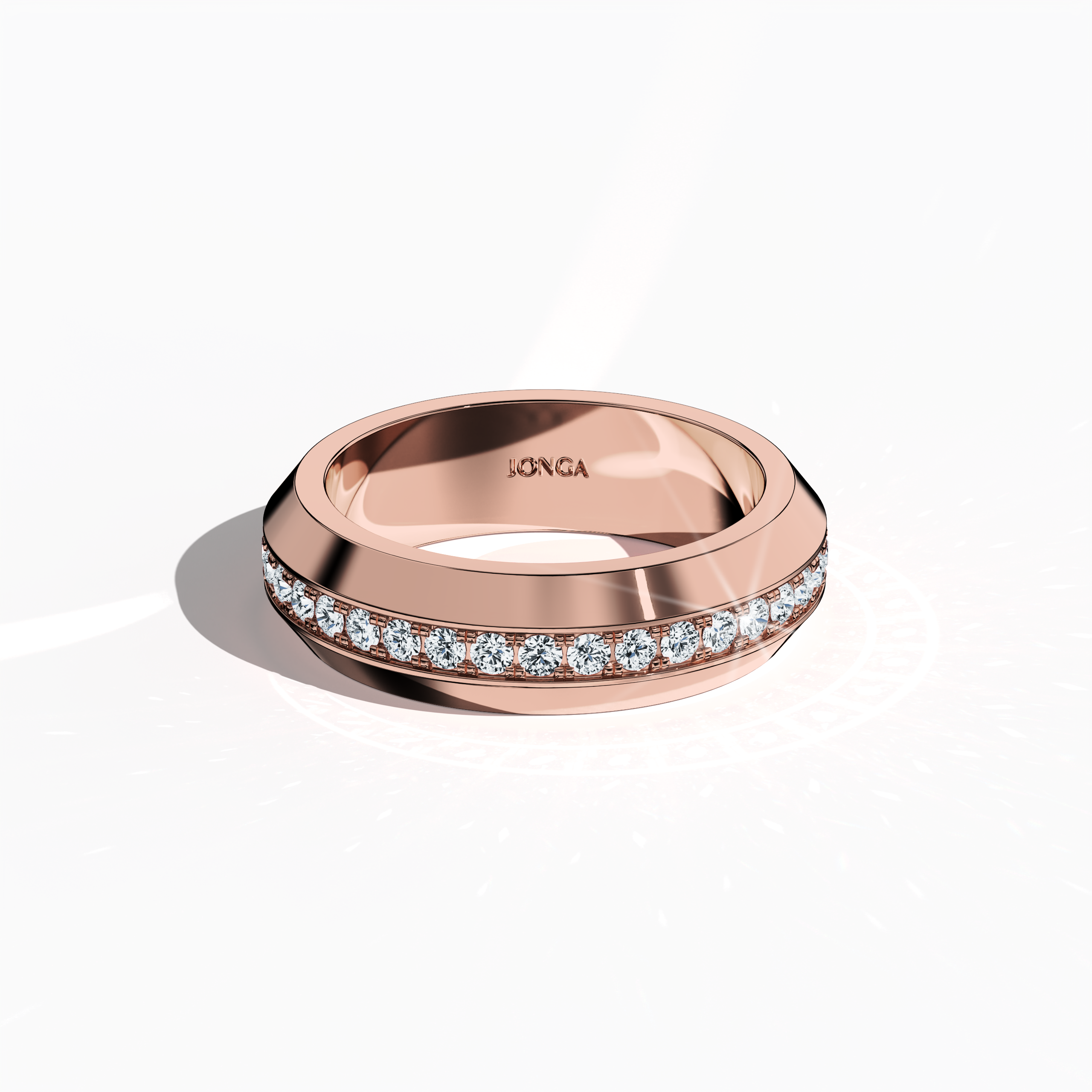 Detailed view of a 0.85 carat розовое золото paved band photographed from a sleeping front top angle, emphasizing its elegant central design. Crafted with pavé, full pave, scattered pave, and cluster pave patterns in radiant розовое золото—also known as “rosé gold” or “blush gold”—the glossy perimeter accentuates its refined detailing and modern style. Keywords: stylish, sophisticated, intricate, luxurious, contemporary design.