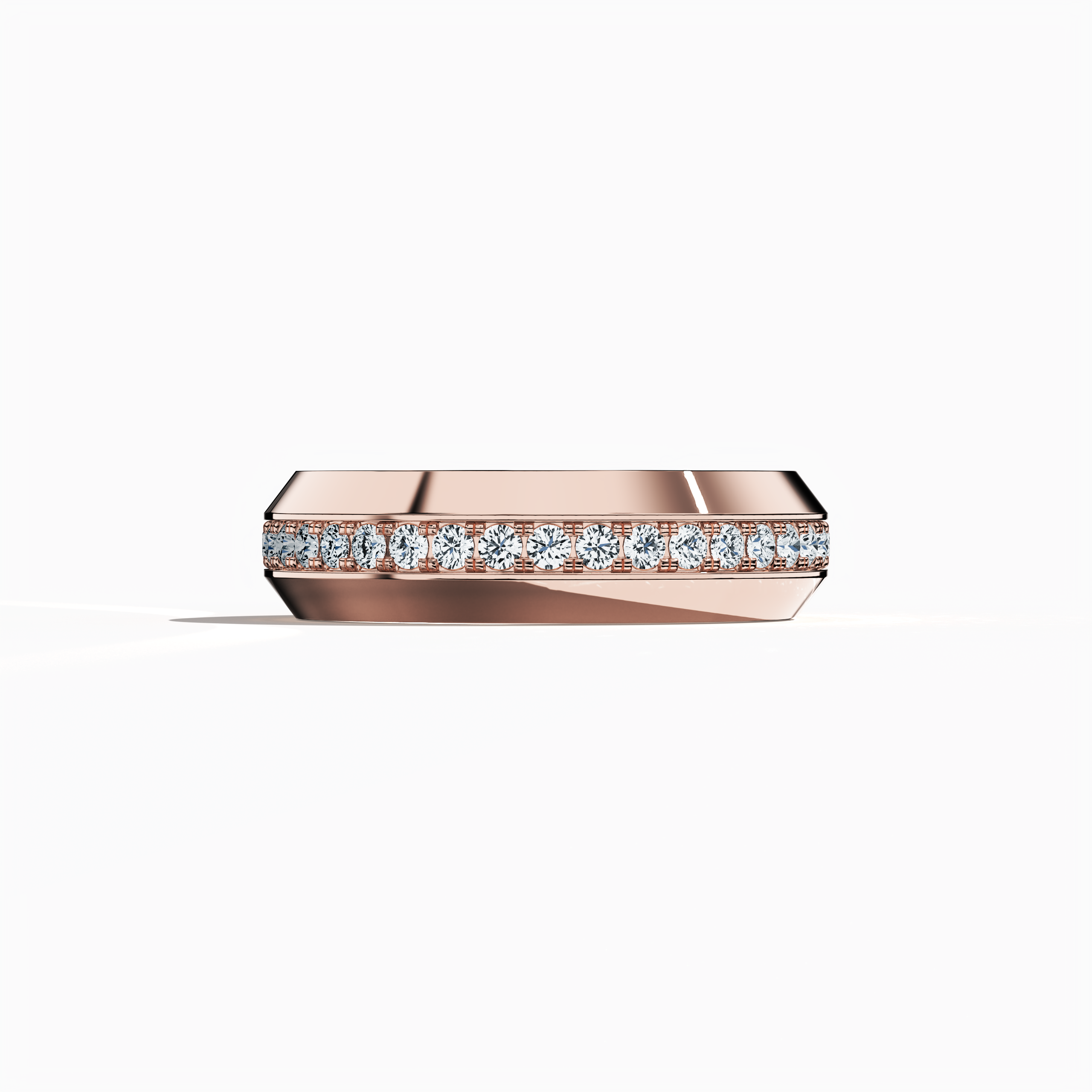 Image of a captivating 0.85 carat розовое золото paved band captured from a serene sleeping front view. This stunning ring features a central design rendered with pavé, full pave, scattered pave, and cluster pave techniques in warm розовое золото, celebrated as “rosé gold” or “blush gold.” The glossy finish highlights every curve and intricate detail, radiating modern sophistication and timeless allure. Keywords: exquisite, refined, elegant, contemporary, artisanal.