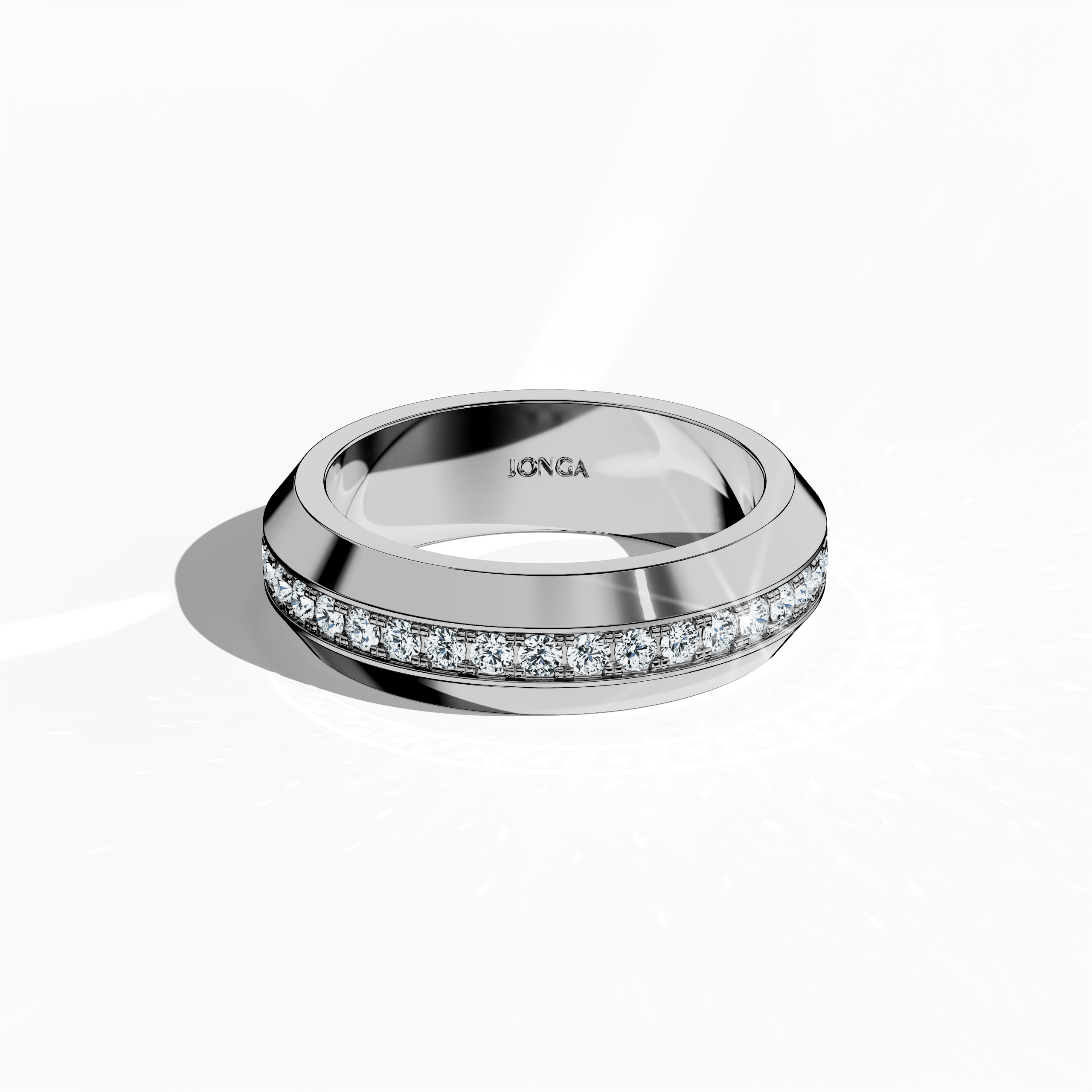 Detailed view of a 0.85 carat белое золото paved band photographed from a sleeping front top angle. The ring’s central design exhibits a masterful blend of pavé, full pave, scattered pave, and cluster pave techniques set in radiant белое золото—known as “opaline” or “milky gold.” Its glossy finish and precise detailing underscore a modern yet timeless allure. Keywords: sophisticated, elegant, refined, modern, artisanal.
