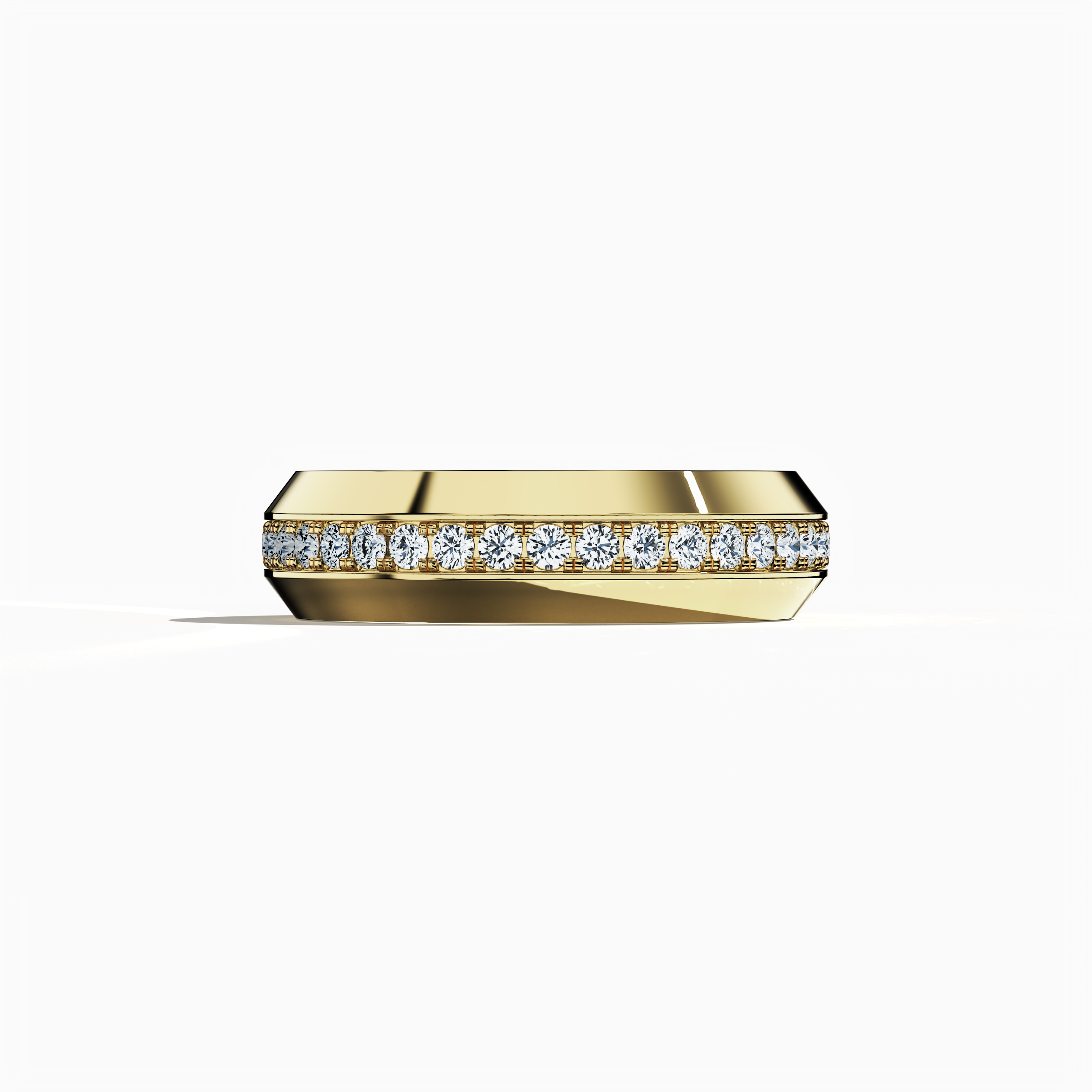 Image of a radiant 0.85 carat жёлтое золото paved band captured from a serene sleeping front view. This exceptional ring features a central design skillfully executed in pavé, full pave, scattered pave, and cluster pave styles in vibrant жёлтое золото, often lauded as “classic gold” or “rich gold.” The glossy outer finish emphasizes smooth contours and intricate detailing, showcasing modern luxury and timeless elegance. Keywords: opulent, refined, elegant, modern, detailed artistry.