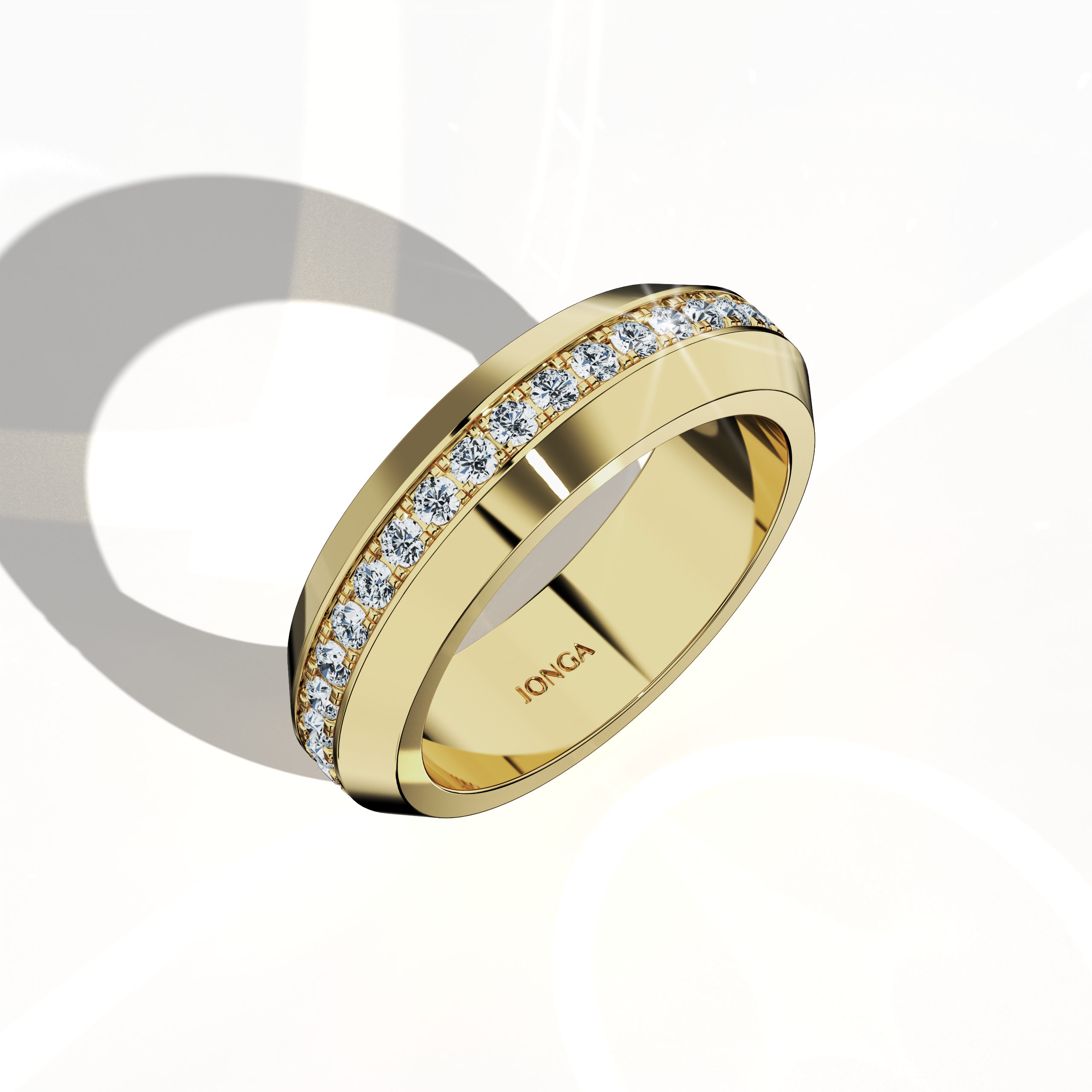 Striking image of a 0.85 carat жёлтое золото paved band showcased from a standing front top side perspective. The ring’s central design, featuring pavé, full pave, scattered pave, and cluster pave techniques in vibrant жёлтое золото (termed “classic gold” or “rich gold”), is highlighted by a high-gloss finish that accentuates its smooth curves and intricate detailing, marrying modern luxury with timeless appeal. Keywords: elegant, refined, luxurious, modern, artisanal.