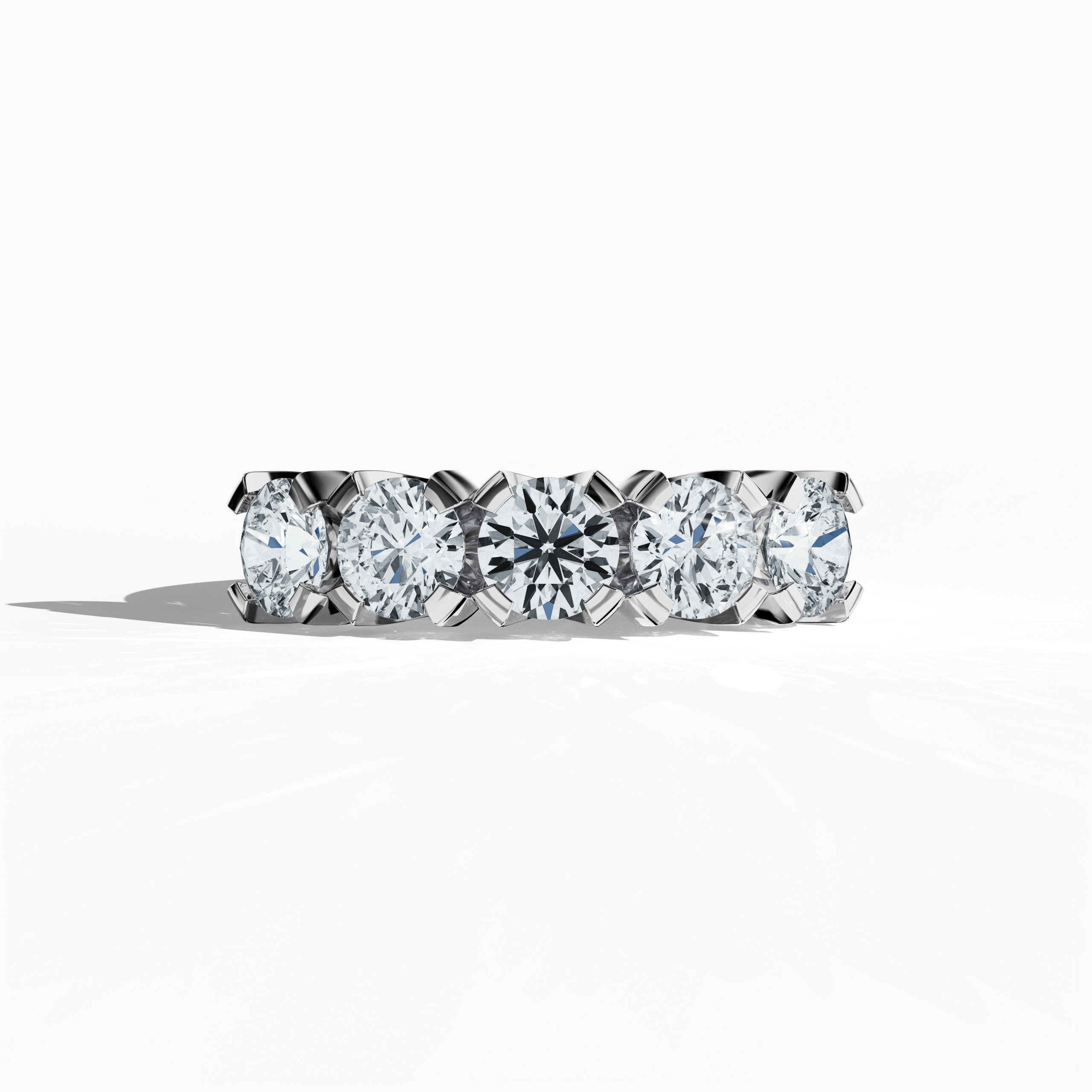  Crafted in белое золото, this Five Crown ring offers 2.50 carats total with five 0.50‐carat diamonds held by four prongs. Shown in a sleeping front view, its soft allure and precise design of the gleaming band are highlighted. Using varied terms like ring, band, Ювелирные изделия, and ornament, it is also known as Five Crown Ring, Five Stone Ring, Quintet Diamond Ring, Five Gem Ring, Crowned Five Ring, and Penta Stone Ring. Keywords: luxury, elegance, brilliance.