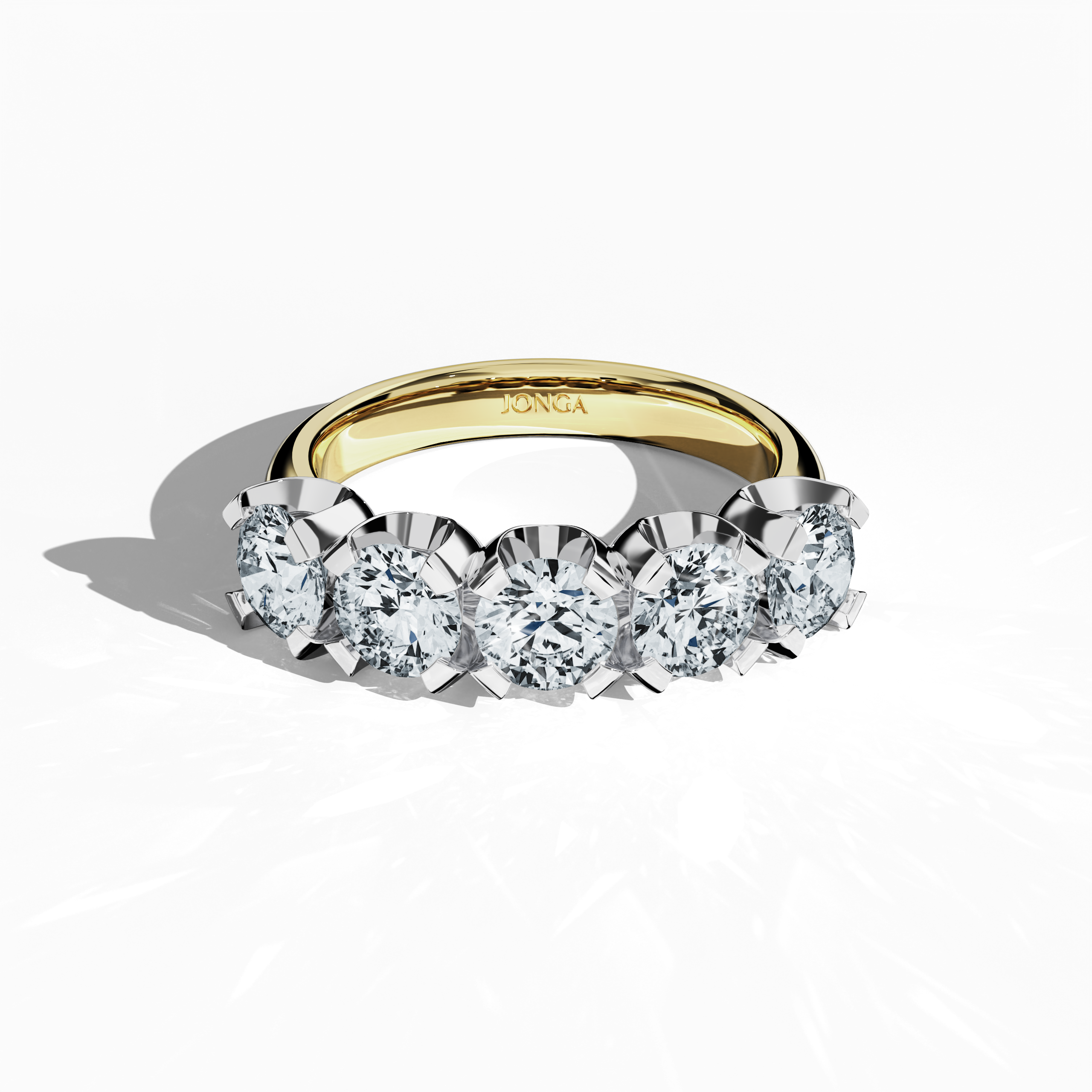 Crafted in rich жёлтое золото, this Five Crown ring presents 2.50 carats total with five 0.50‐carat diamonds held by four prongs. Captured from a sleeping front top view, the image accentuates its luminous glow and meticulous band design. Employing diverse Украшения vocabulary—ring, band, Ювелирные изделия, and ornament—it is recognized as Five Crown Ring, Five Stone Ring, Quintet Diamond Ring, Five Gem Ring, Crowned Five Ring, and Penta Stone Ring. Keywords: luxury, warmth, elegance.