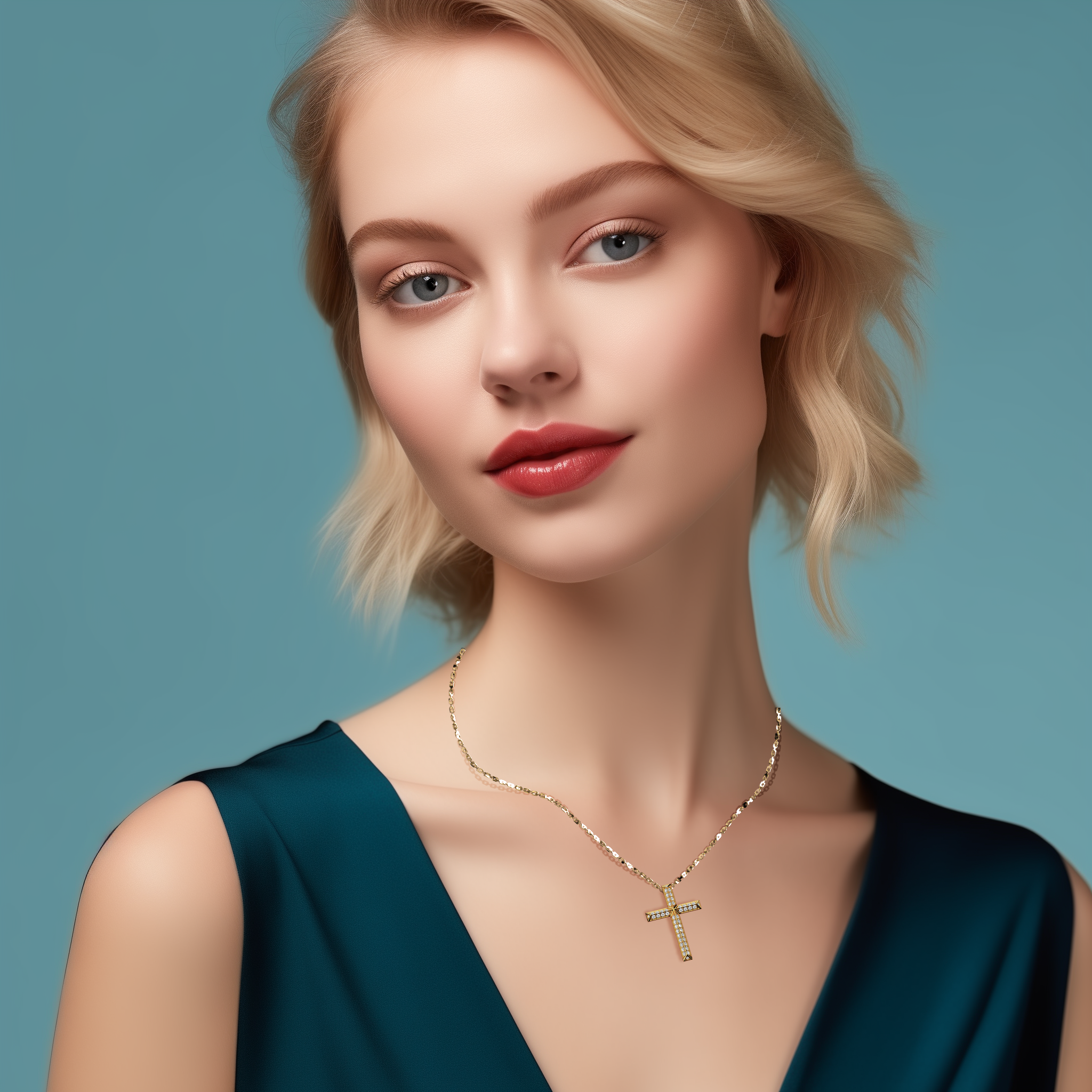A woman is seen wearing a жёлтое золото layered diamond cross pendant, accompanied by a matching gold diamond ring. This exquisite faith-inspired Украшения piece is also called a multi-step gold crucifix, radiant gemstone faith pendant, golden diamond cross, and embodies spirituality and timeless style. Keywords: жёлтое золото fine Украшения, diamond faith necklace, layered cross for women, elegant gold pendant.