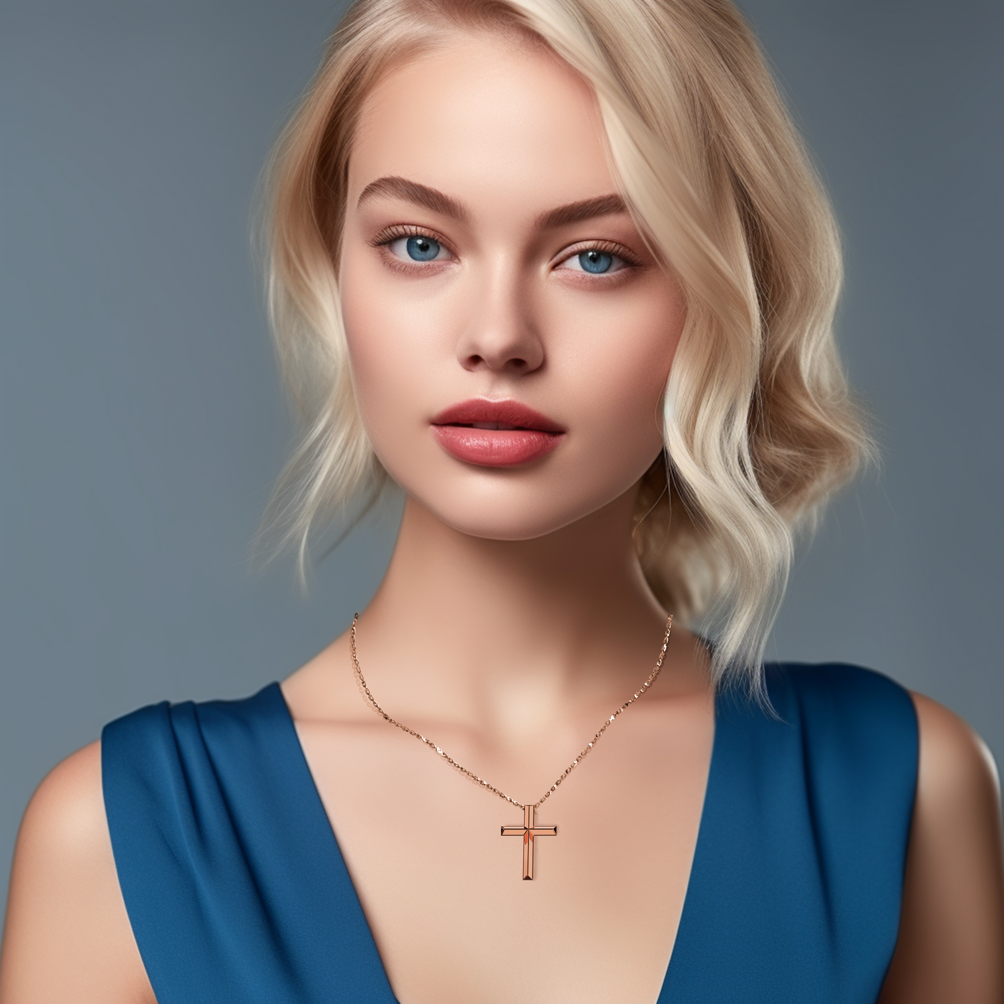 A woman gracefully showcases her розовое золото layered diamond cross pendant, accentuated by a matching diamond ring. The pavé diamond design offers a blend of classic spirituality and modern elegance. Referred to as a two-step cross necklace, elegant gemstone crucifix, rose-toned diamond pendant, elevated diamond faith pendant, this piece radiates charm. Keywords: romantic розовое золото Украшения, layered diamond cross necklace, fine Украшения for women, gemstone faith necklace.