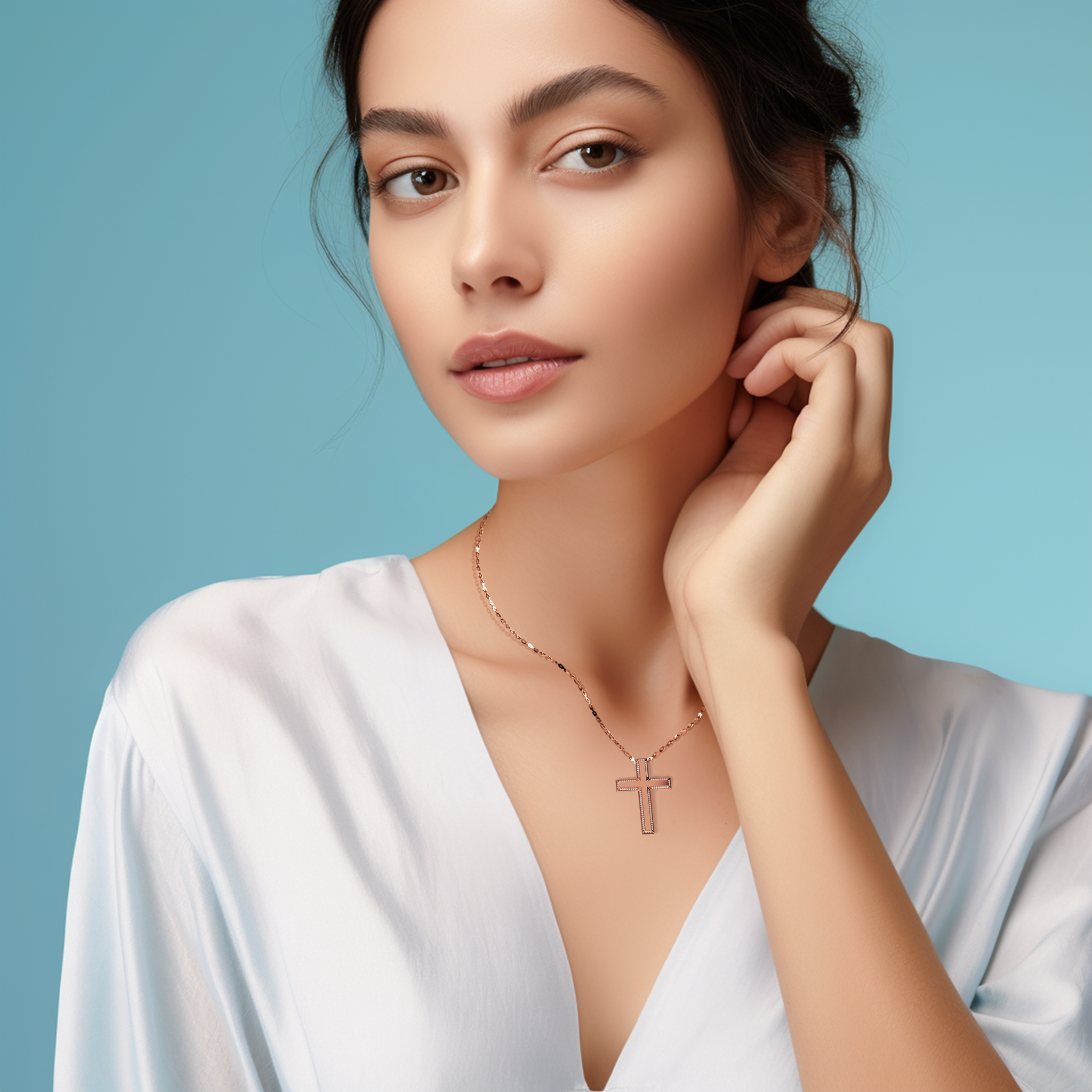A woman wearing a 3‑step side diamond cross pendant in glowing розовое золото, sometimes known as pink or blush gold. The triple‑layer layout, recognized as a multi‑step or stacked cross, showcases 0.45 carat of pavé diamonds along each tier. Its gentle rosy hue and brilliant sparkle bring a warm, elegant dimension to her neckline, uniting timeless faith with contemporary charm.
Keywords: 3‑step cross, розовое золото, 0.45 carat diamond, fashionable piece.

