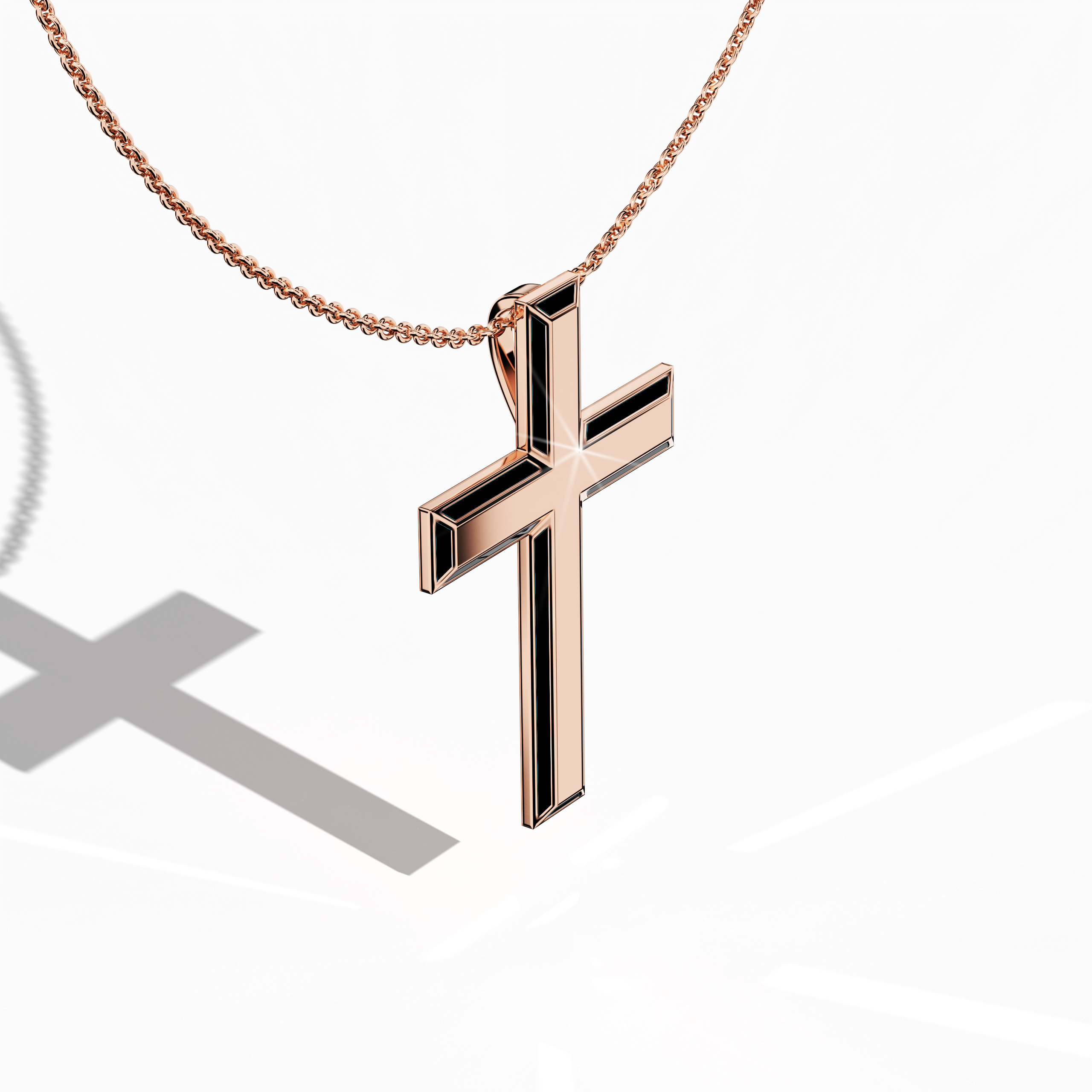 Front top side view of a side enamel three-step cross pendant in radiant розовое золото, often described as pink or blush gold in various locales. The deep black perimeter enamel, also known as ebony or jet enamel, defines the tri-tier silhouette while highlighting the pendant’s subtle contours. This polished piece combines spiritual reverence with a modern flair, appealing to diverse tastes. Keywords: side enamel cross, розовое золото, black enamel, tri-tier design.