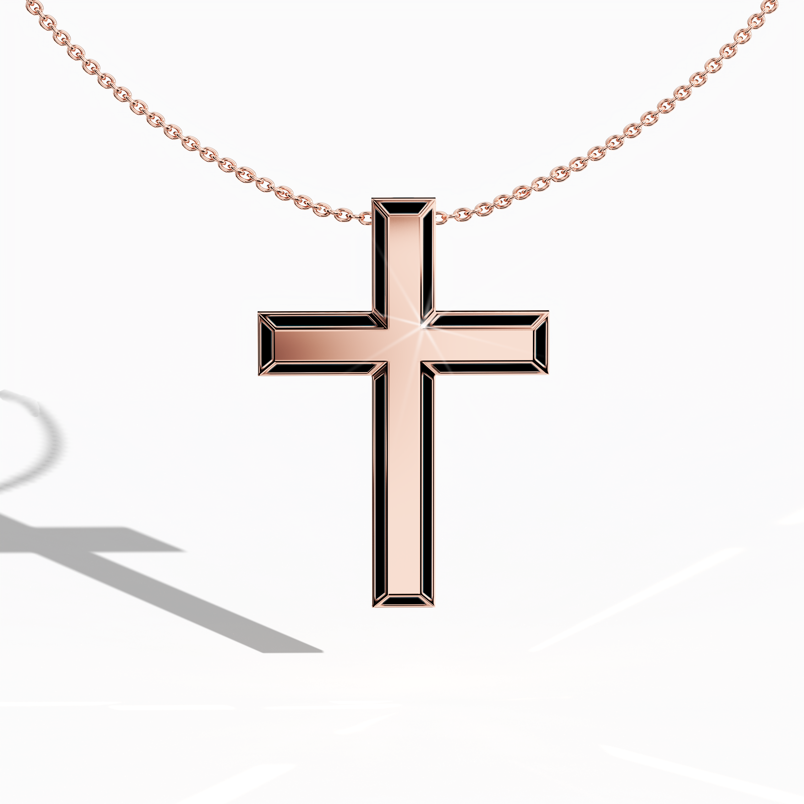 Front view of a side enamel three-step cross pendant in warm розовое золото, sometimes named pink or blush gold in different regions. The bold black perimeter enamel, also called ebony or jet enamel, accentuates each tier of the layered design (recognized as multi-step, tri-tier, or stacked cross). Its gentle rosy hue and strong enamel contrast present a sophisticated union of faith and fashion. Keywords: side enamel cross, розовое золото, black enamel, layered design.