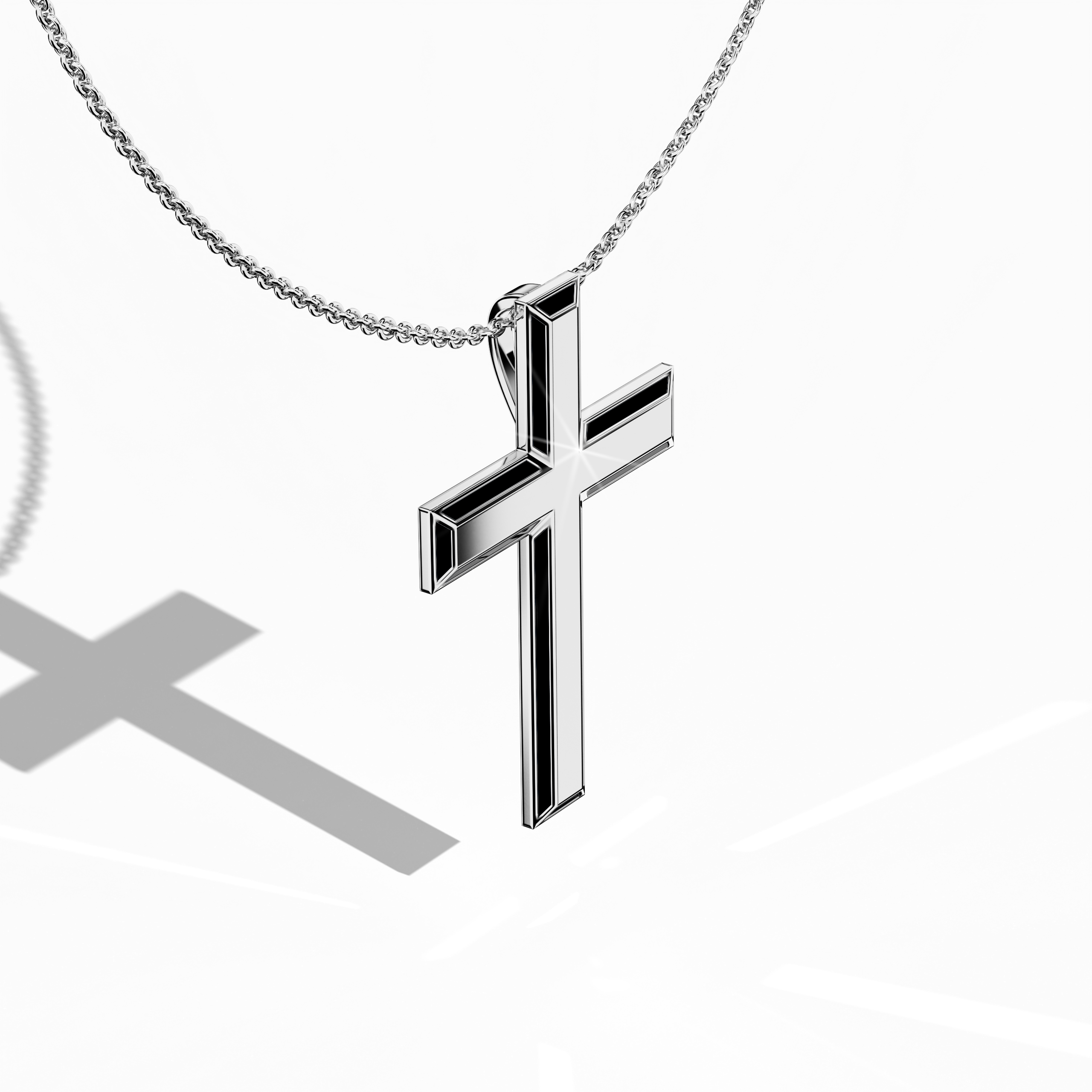 Front top side view of a side enamel three-step cross pendant in radiant белое золото, often described as pale or silver-toned gold in various locales. The bold black perimeter enamel, also known as ebony or jet enamel, underscores the tri-tier silhouette, revealing refined contours from this angled perspective. Its polished surfaces balance spiritual significance with modern elegance. Keywords: side enamel cross, белое золото, black enamel, tri-tier design.