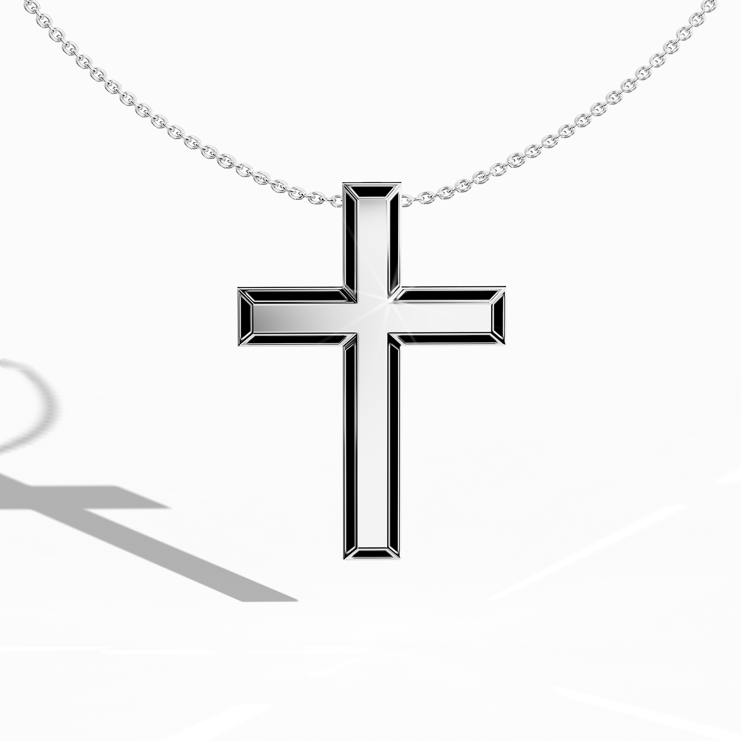 Front view of a side enamel three-step cross pendant in lustrous белое золото, sometimes referred to as pale or silver-hued gold in different regions. The striking black perimeter enamel, also called ebony or jet enamel, emphasizes each tier of the layered design (known as multi-step, tri-tier, or stacked cross). Its polished edges and strong contrast project a timeless blend of devotion and contemporary appeal. Keywords: side enamel cross, белое золото, black enamel, layered design.
