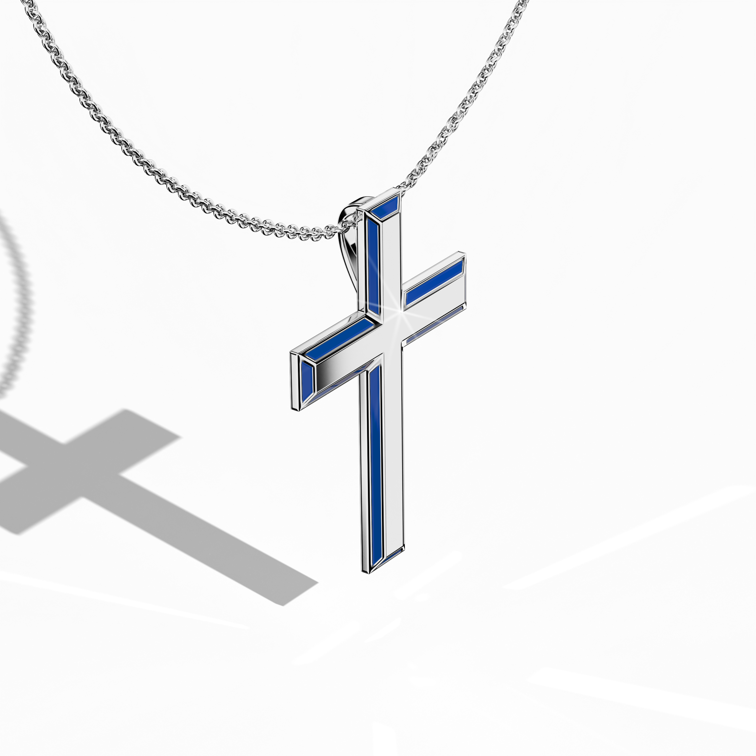 Front top side view of a side enamel three-step cross pendant in radiant белое золото, often described as pale or silver-toned gold in various locales. The bold blue perimeter enamel, also termed cobalt or azure enamel, defines the tri-tier structure while revealing subtle contours from this angled perspective. Its gleaming finish showcases expert artistry that harmonizes devotion with modern taste. Keywords: side enamel cross, белое золото, blue enamel, tri-tier design.
