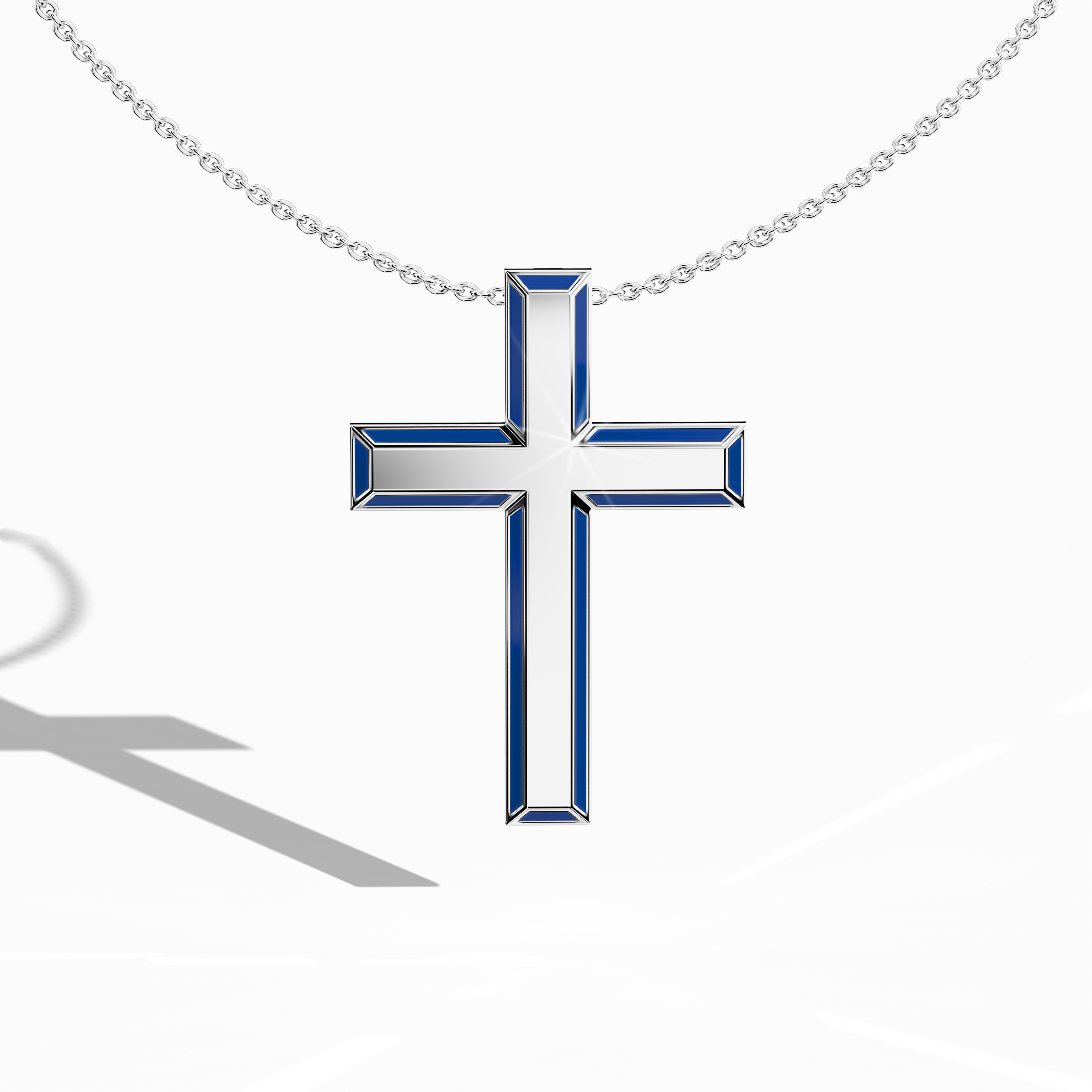 Front view of a side enamel three-step cross pendant in lustrous белое золото, sometimes referred to as pale or silver-hued metal in different regions. The vivid blue perimeter enamel, also called cobalt or azure enamel, accentuates each tier of the layered design (known as multi-step, tri-tier, or stacked cross). Its polished edges reflect meticulous craftsmanship, blending sacred symbolism with contemporary flair. Keywords: side enamel cross, белое золото, blue enamel, layered design.